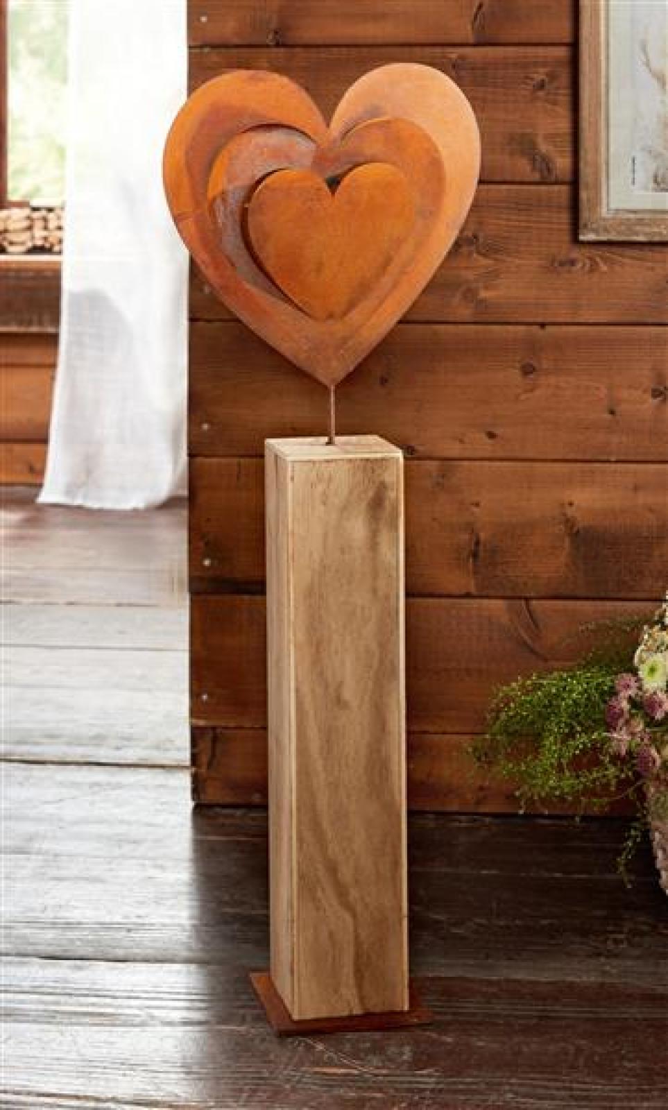 Dekosäule "Rostherz" aus Holz, 72 cm hoch, großes Metall-Herz mit Echt Rost, Holzsäule