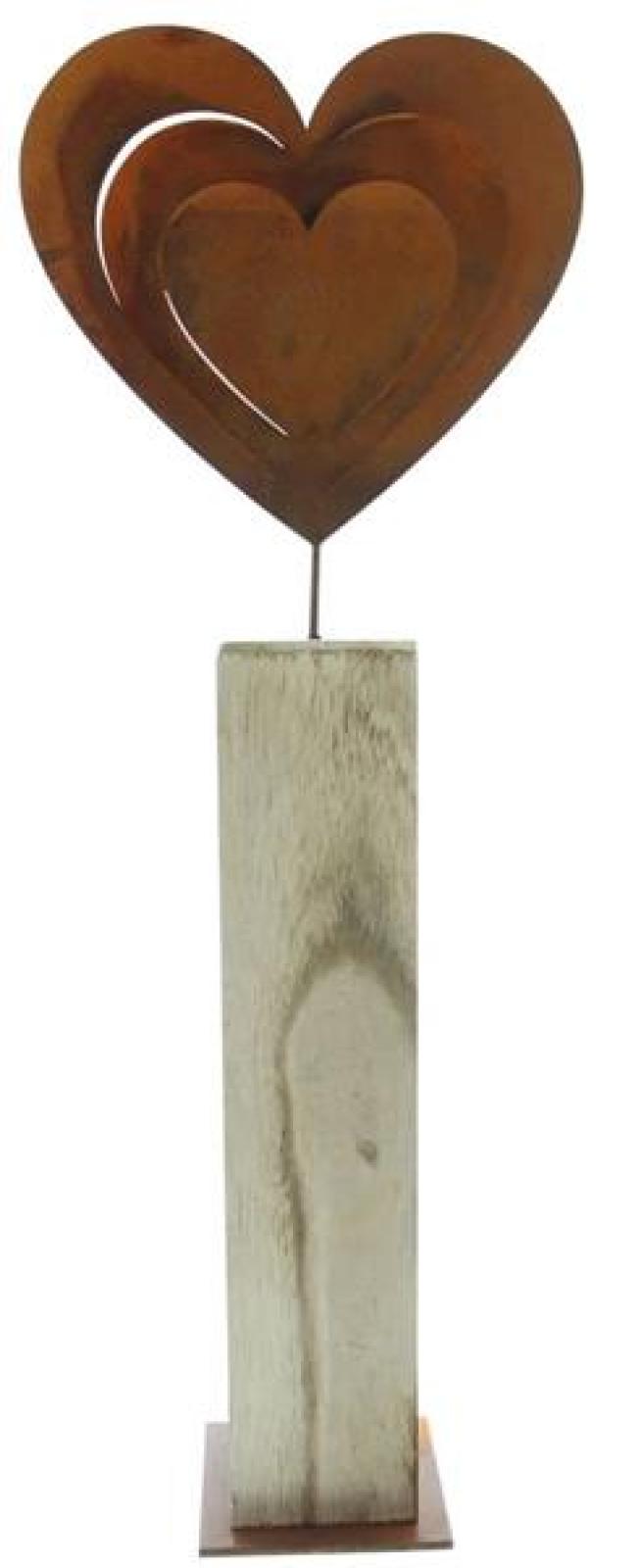 Dekosäule "Rostherz" aus Holz, 72 cm hoch, großes Metall-Herz mit Echt Rost, Holzsäule