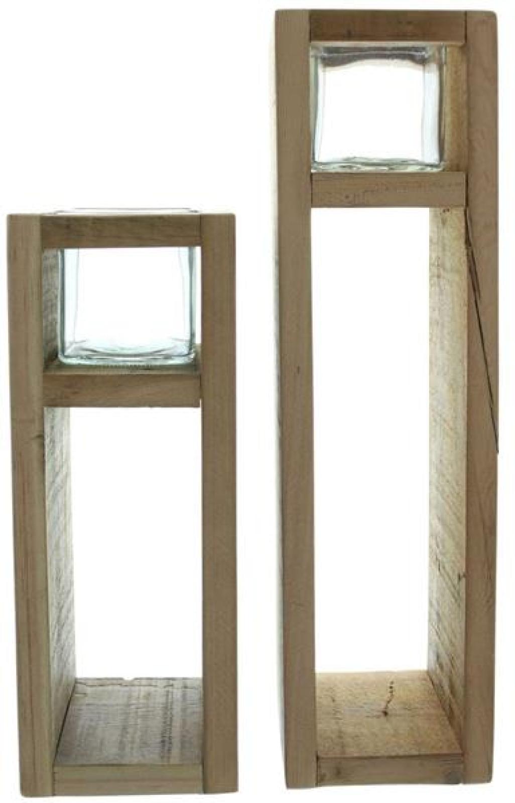 2x Windlichtsäule "Wood" aus Holz & Glas, 30 + 40 cm hoch, Kerzenhalter, Kerzenständer, Dekosäule für Wohnzimmer, Holzsäule mit Kerzenglas