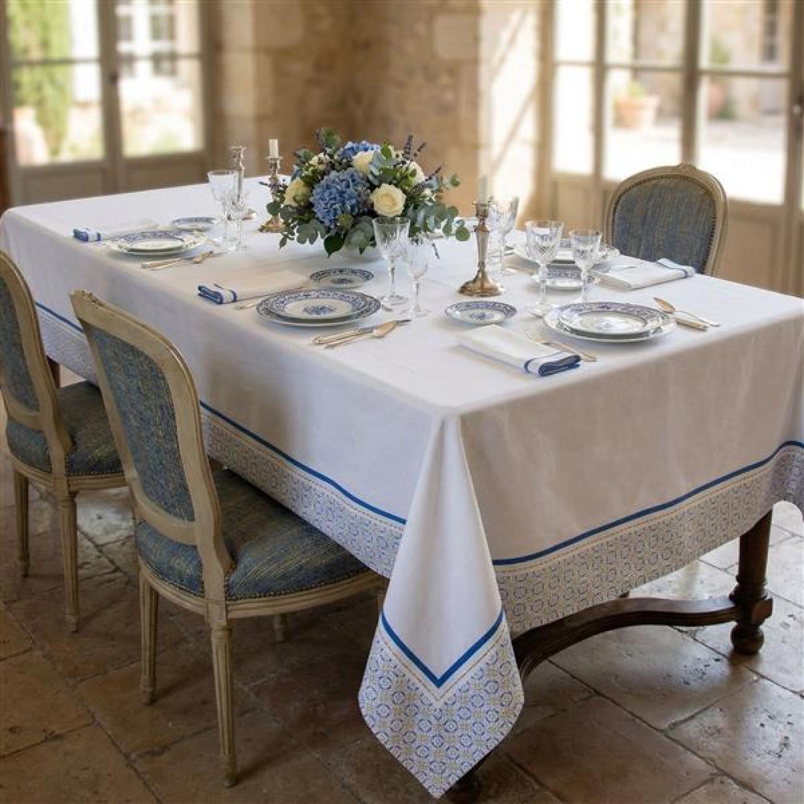 Tafeldecke "Santorin" weiß / blau / beige, 140 x 240 cm, 100% Baumwolle Tischdecke, Tischtuch
