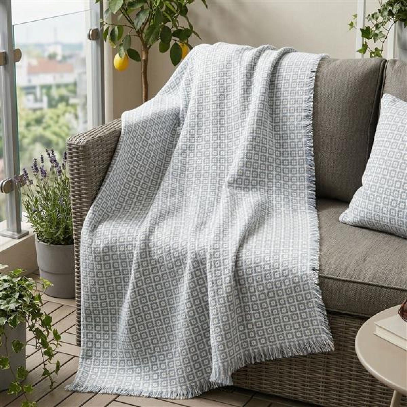 Webdecke "Ikarus" mit Fransensaum, extra weich, creme / blau / grau, Kuscheldecke, Sofadecke