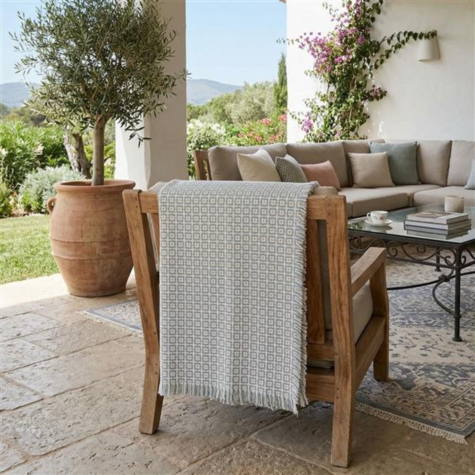Webdecke "Ikarus" mit Fransensaum, extra weich, creme / blau / grau, Kuscheldecke, Sofadecke