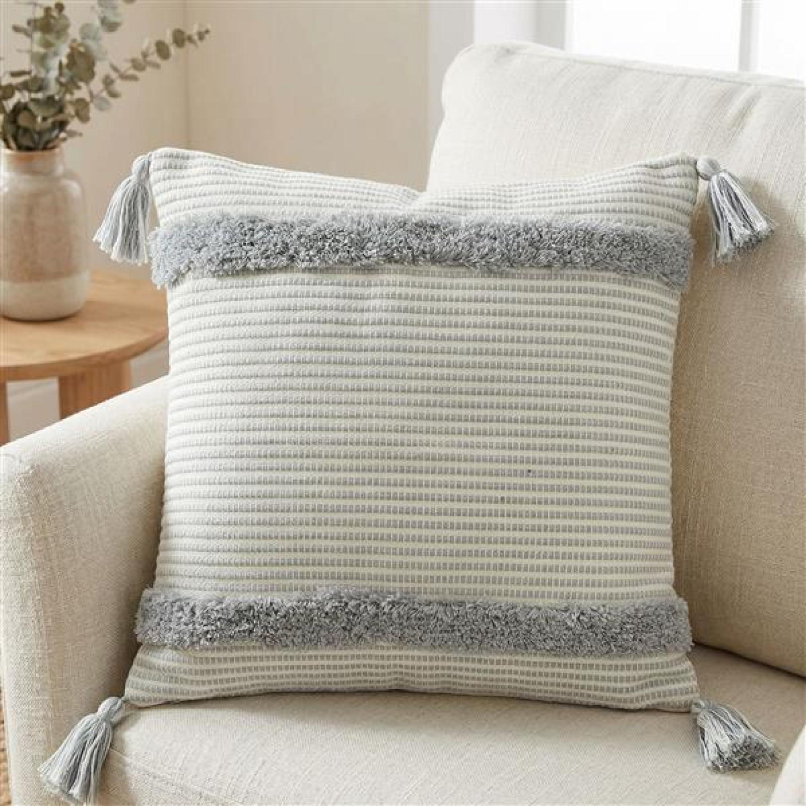 Kissenhülle "Stipes" mit Quasten 45x45 cm, creme / blau, Kissenbezug, Zierkissenbezug