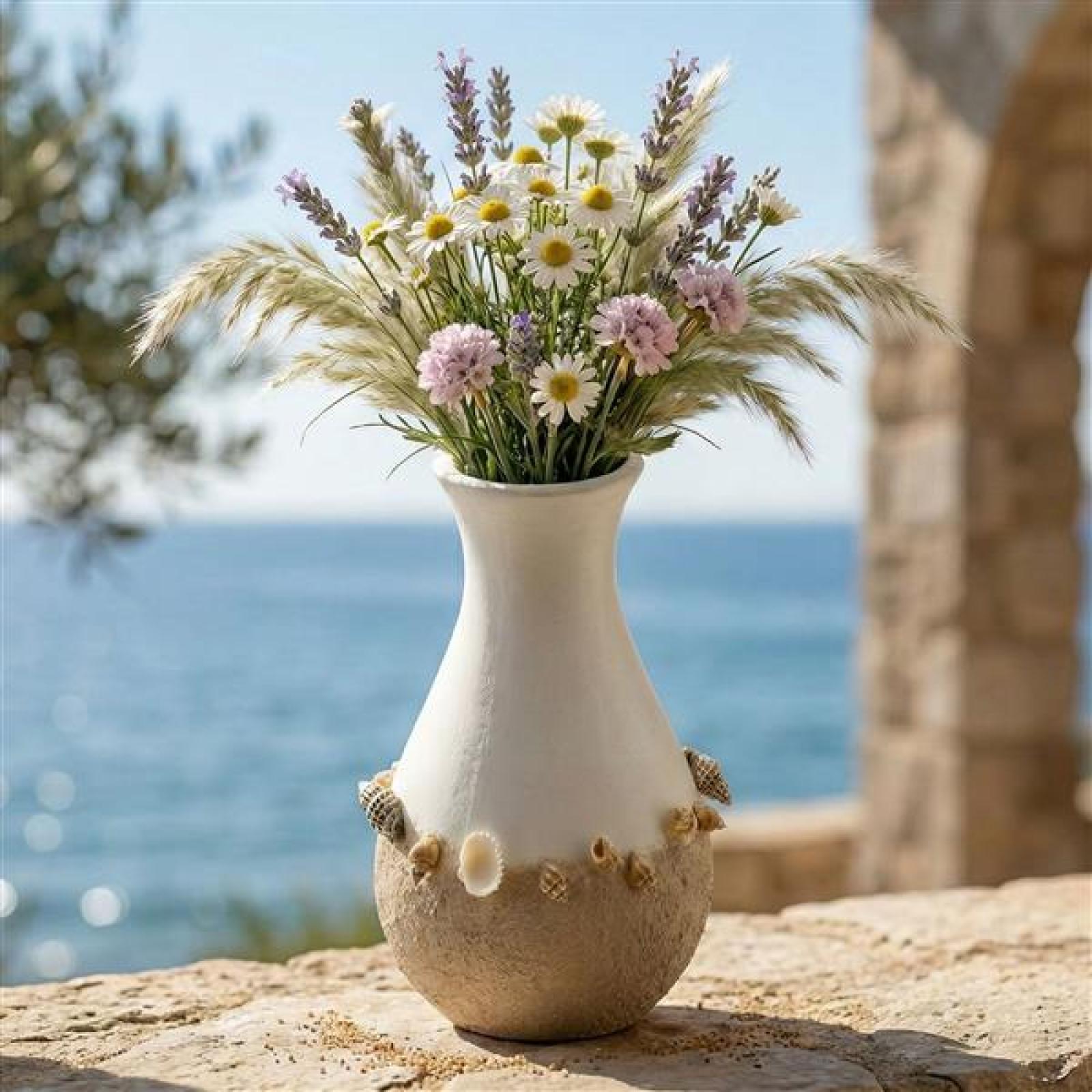Dekovase "Muscheln" Ø 14x24 cm groß, weiß / beige, mit Muscheln verziert, Vase für Trockenblumen