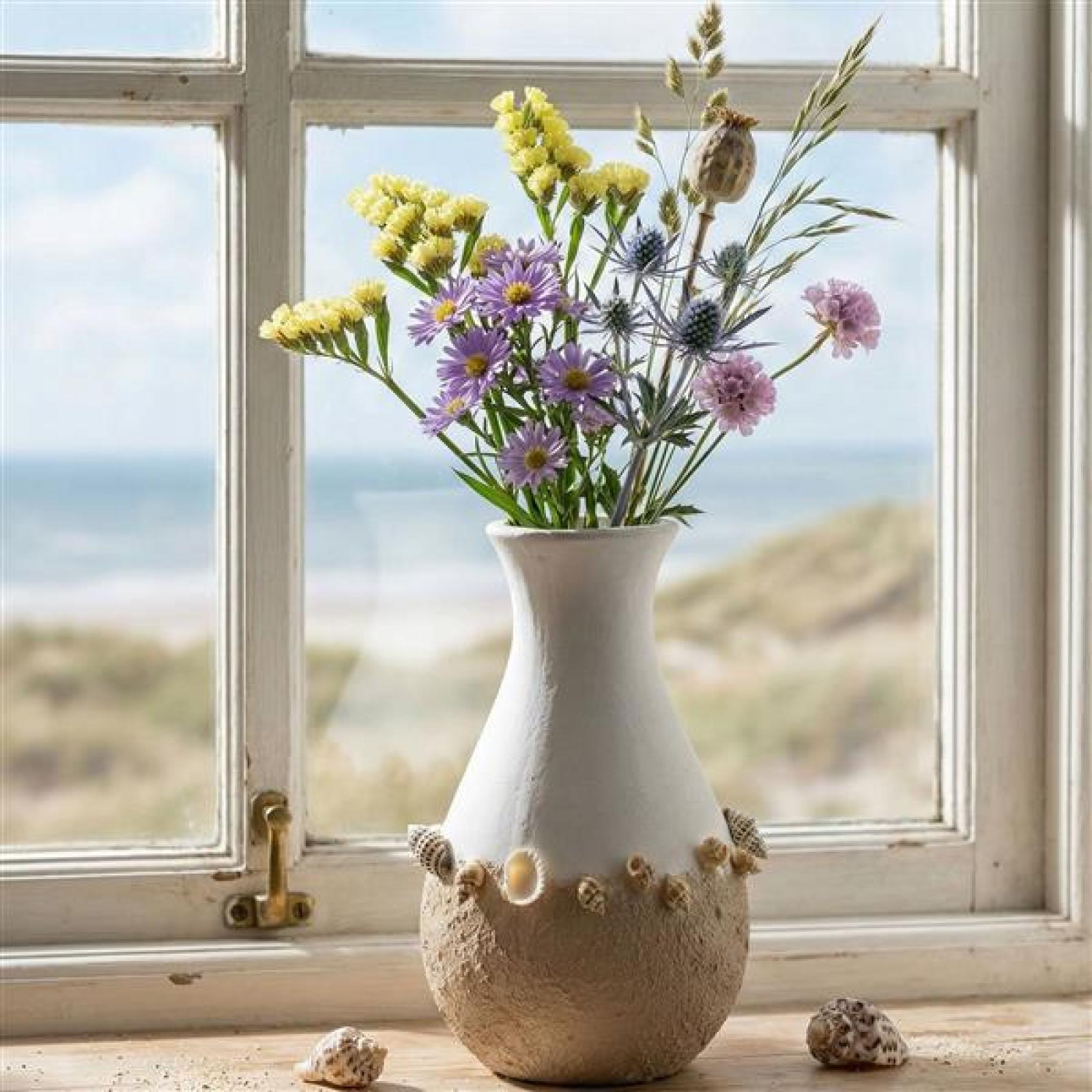 Dekovase "Muscheln" Ø 14x24 cm groß, weiß / beige, mit Muscheln verziert, Vase für Trockenblumen