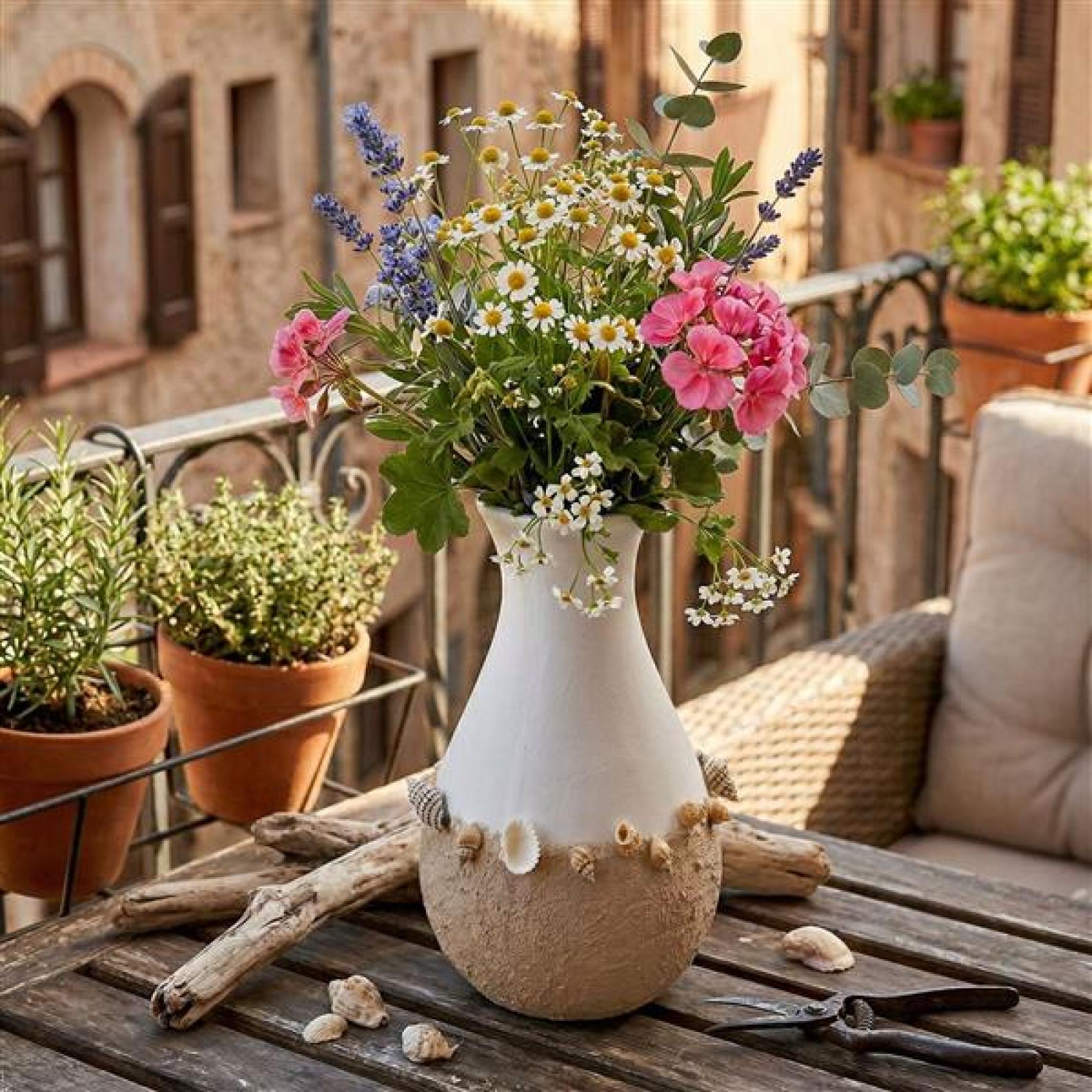 Dekovase "Muscheln" Ø 14x24 cm groß, weiß / beige, mit Muscheln verziert, Vase für Trockenblumen