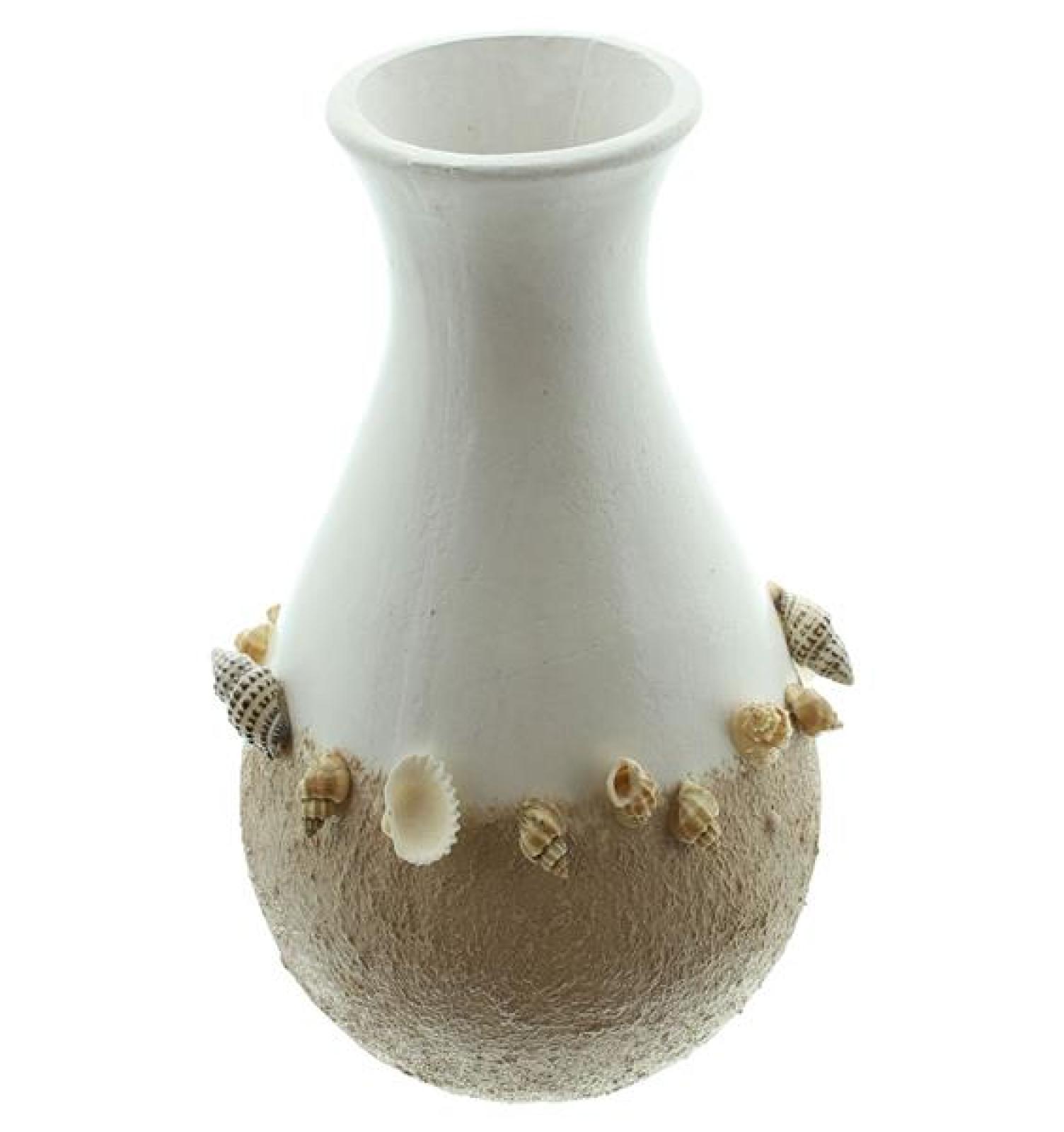 Dekovase "Muscheln" Ø 14x24 cm groß, weiß / beige, mit Muscheln verziert, Vase für Trockenblumen