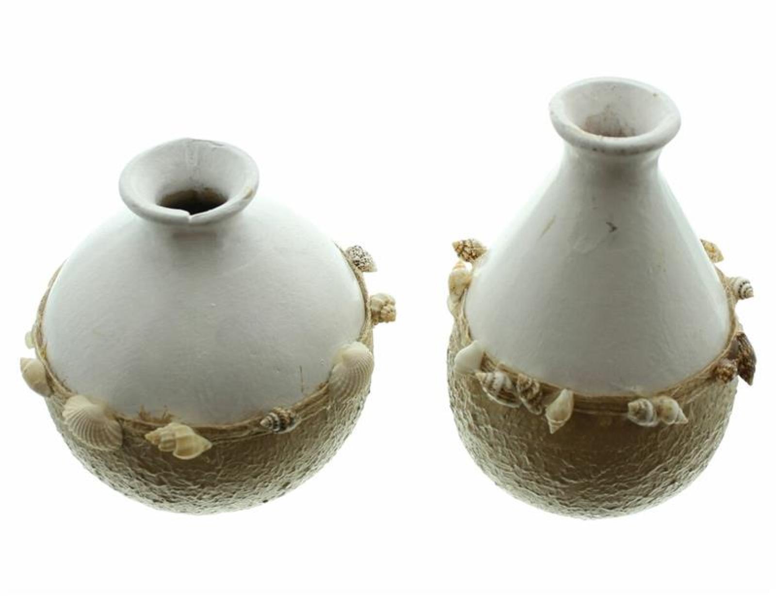 2x Dekovase "Muscheln" klein 8 + 11 cm hoch, weiß / beige, Minivasen mit Muscheln verziert, Vase für Trockenblumen