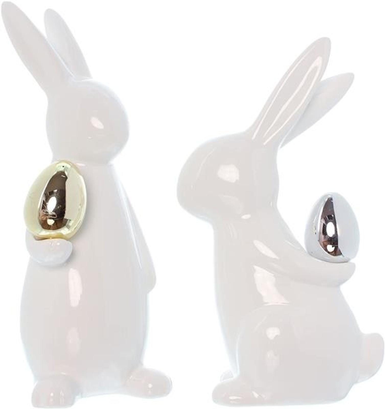 2x Osterhase "Classical" aus Porzellan, weiß mit Osterei in gold & silber, Hasen 20 + 23 cm hoch, Dekofigur, Dekohase