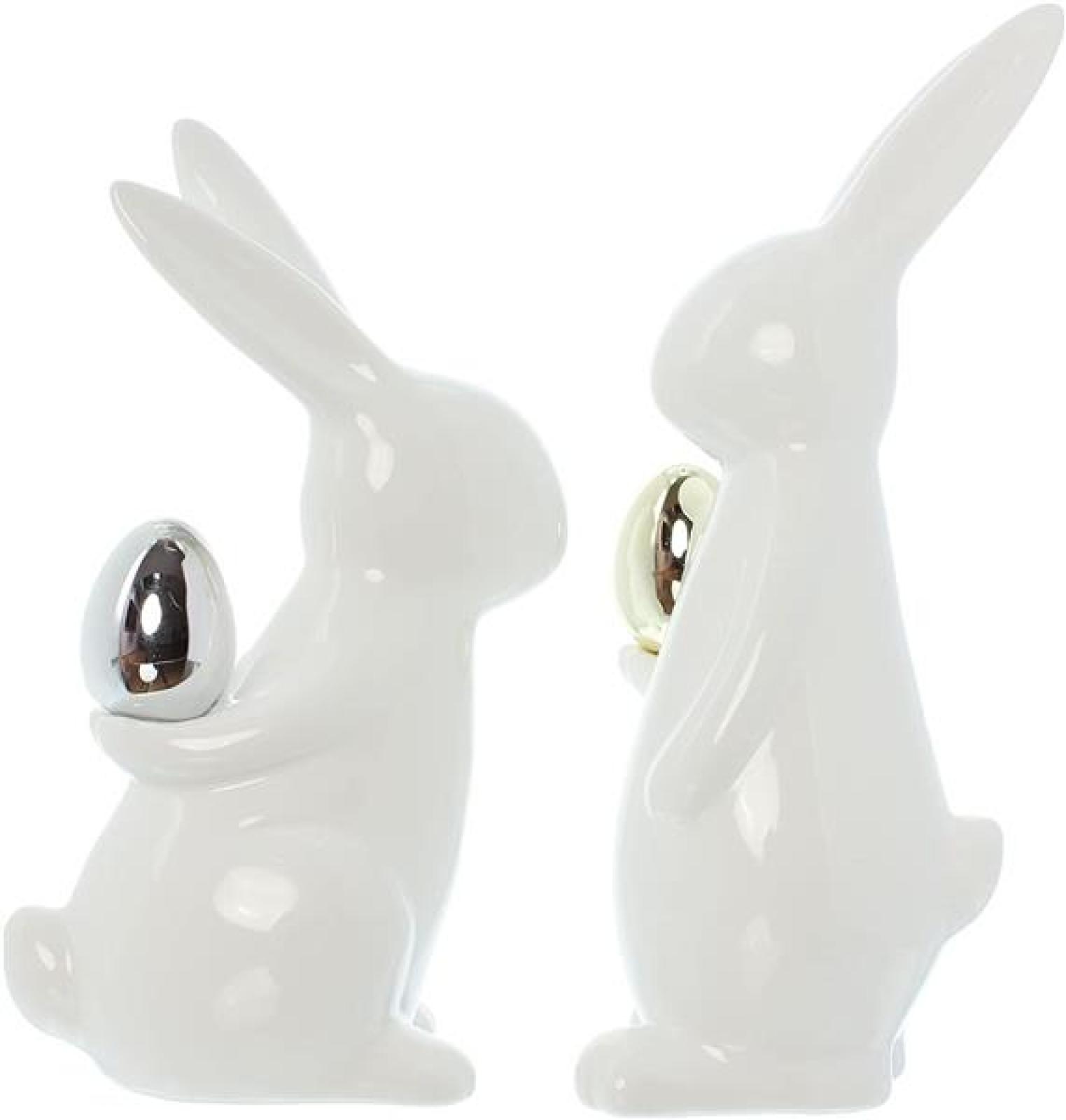 2x Osterhase "Classical" aus Porzellan, weiß mit Osterei in gold & silber, Hasen 20 + 23 cm hoch, Dekofigur, Dekohase