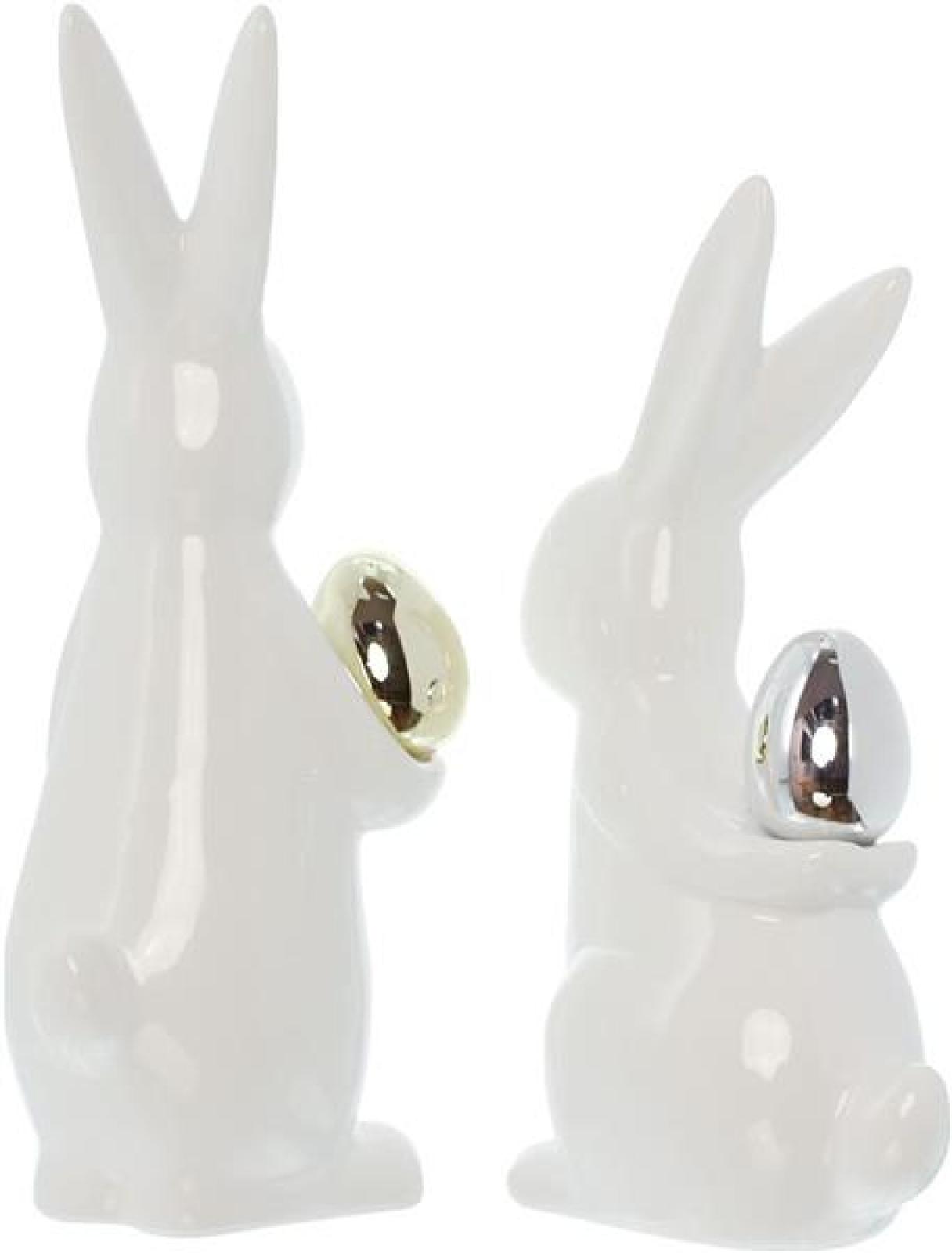 2x Osterhase "Classical" aus Porzellan, weiß mit Osterei in gold & silber, Hasen 20 + 23 cm hoch, Dekofigur, Dekohase