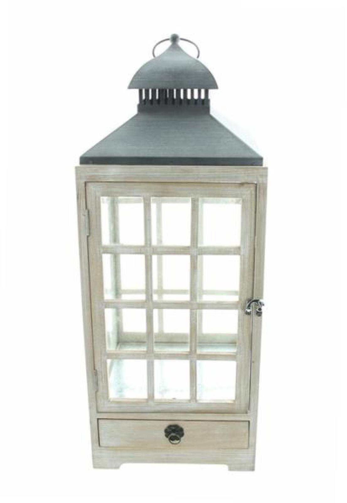 große Laterne "Landhaus" aus Holz, weiß, 63 cm hoch, mit Sprossenfenstern und Schublade, Bodenlaterne, Windlicht, Kerzenlaterne, Holzlaterne
