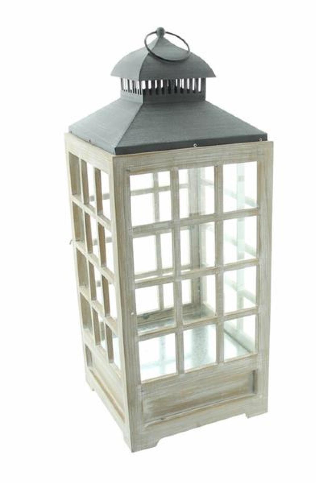 große Laterne "Landhaus" aus Holz, weiß, 63 cm hoch, mit Sprossenfenstern und Schublade, Bodenlaterne, Windlicht, Kerzenlaterne, Holzlaterne