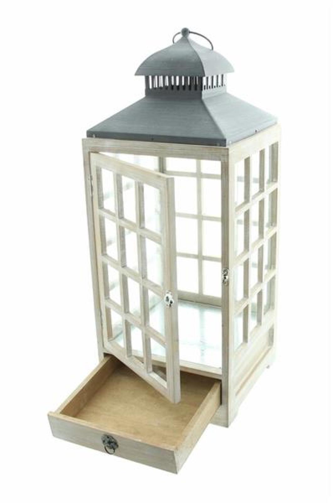 große Laterne "Landhaus" aus Holz, weiß, 63 cm hoch, mit Sprossenfenstern und Schublade, Bodenlaterne, Windlicht, Kerzenlaterne, Holzlaterne