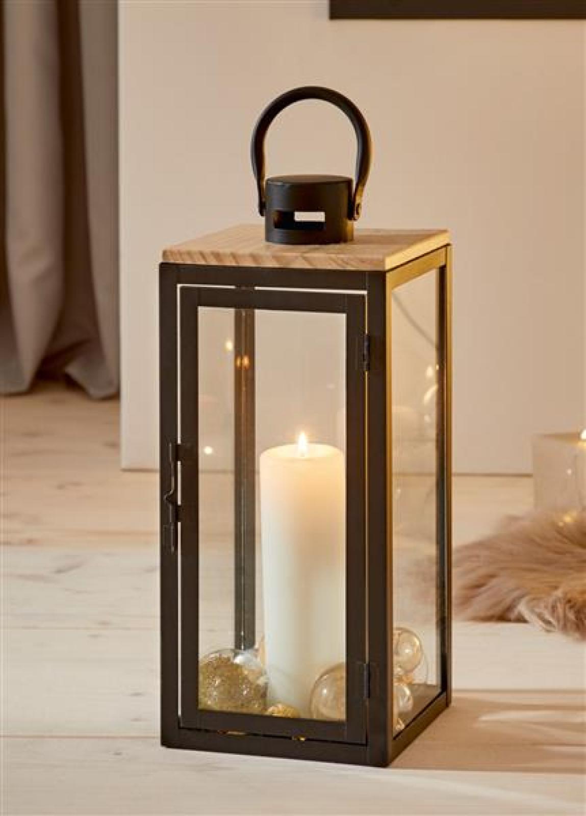Laterne "Modern" aus Metall, Holz & Glas, 38 cm hoch, Bodenlaterne, Gartenlaterne, Standlaterne
