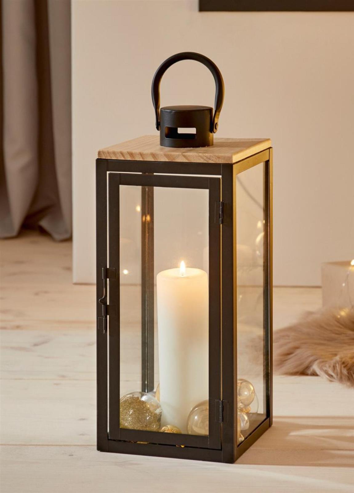 Laterne "Modern" aus Metall, Holz & Glas, 38 cm hoch, Bodenlaterne, Windlicht, Kerzenlaterne, Metalllaterne