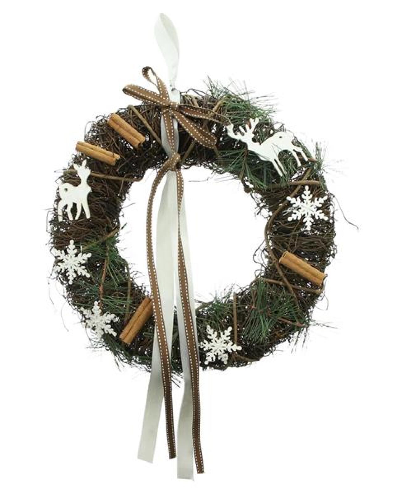 Dekokranz "Rentiere" aus Reisig, Ø 33 cm, Wandkranz, Türkranz, Weihnachtsdeko, Dekohänger
