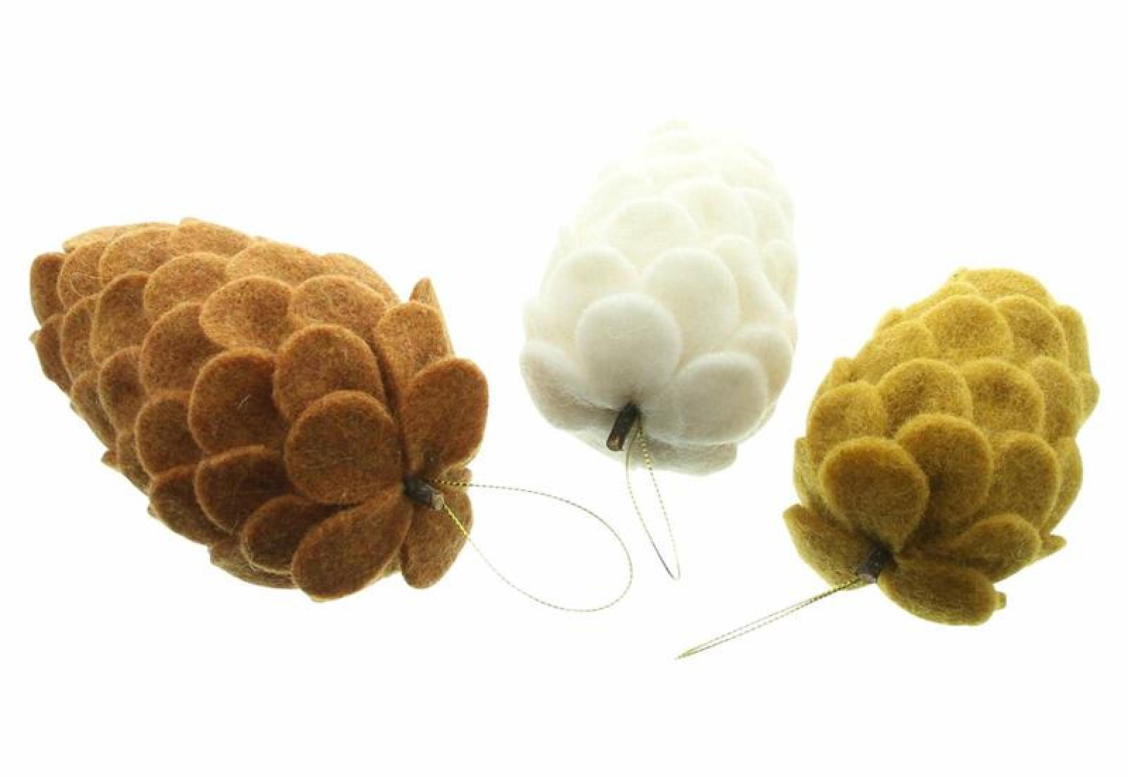 3 Dekohänger "Tannenzapfen" aus Filz, weiß, ocker, braun, Weihnachtsbaumschmuck