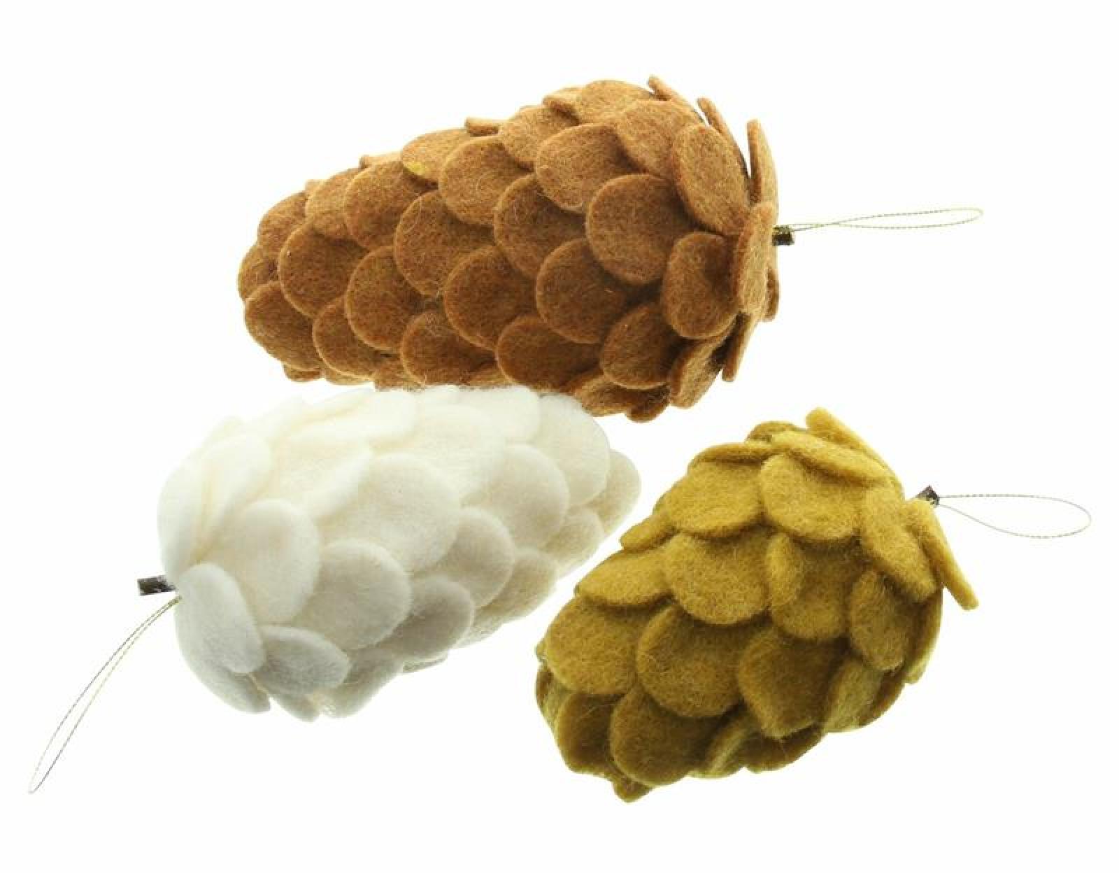 3 Dekohänger "Tannenzapfen" aus Filz, weiß, ocker, braun, Weihnachtsbaumschmuck