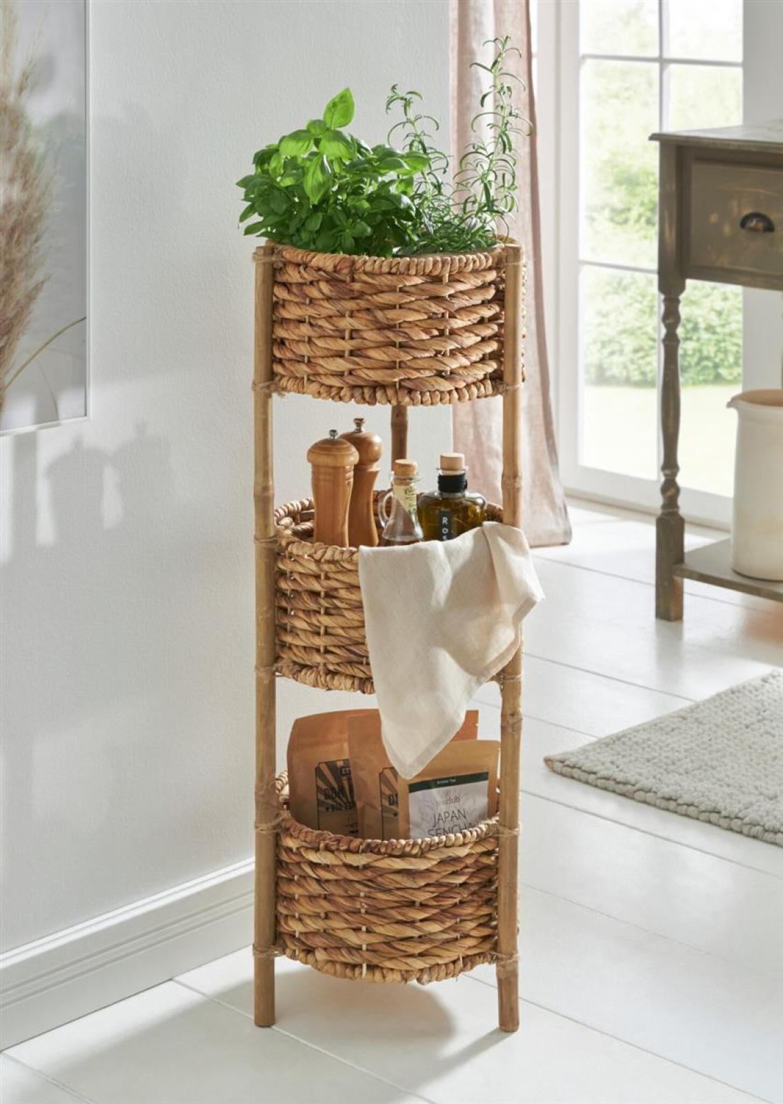 Standregal aus Bambus mit 3 Körben aus Wasserhyazinzthe, 90 cm hoch, Badregal, Küchenregal
