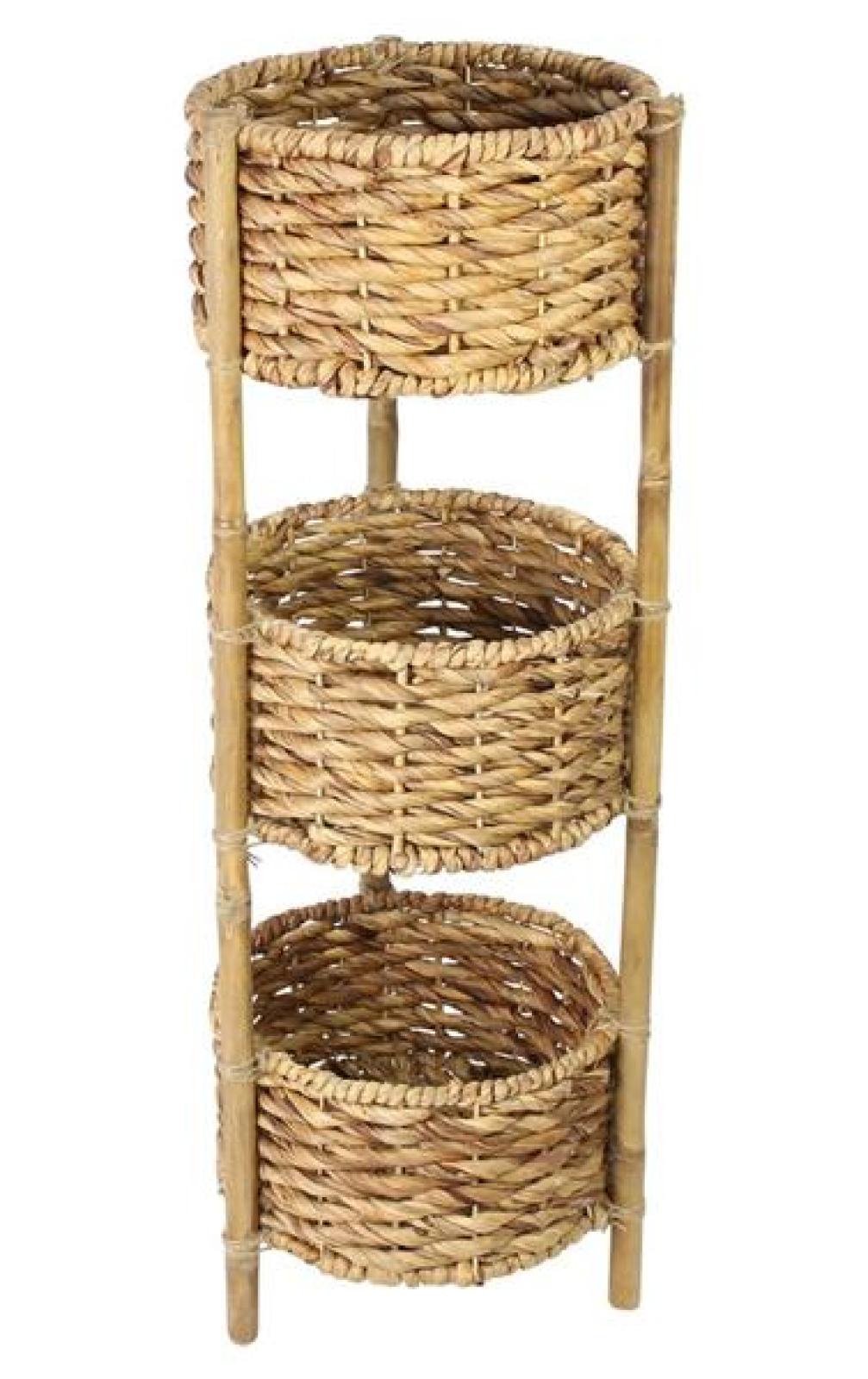 Standregal aus Bambus mit 3 Körben aus Wasserhyazinzthe, 90 cm hoch, Badregal, Küchenregal