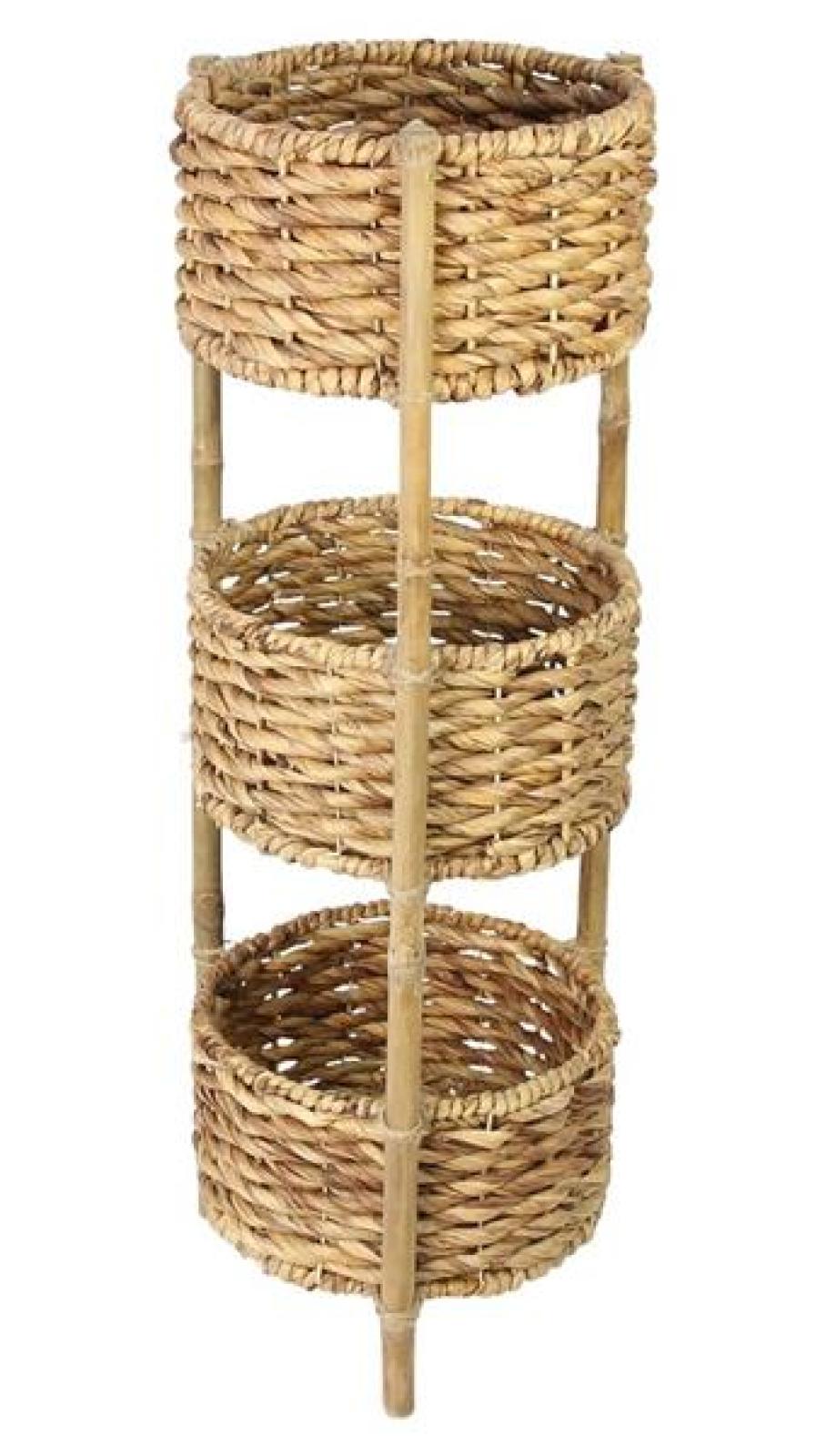 Standregal aus Bambus mit 3 Körben aus Wasserhyazinzthe, 90 cm hoch, Badregal, Küchenregal