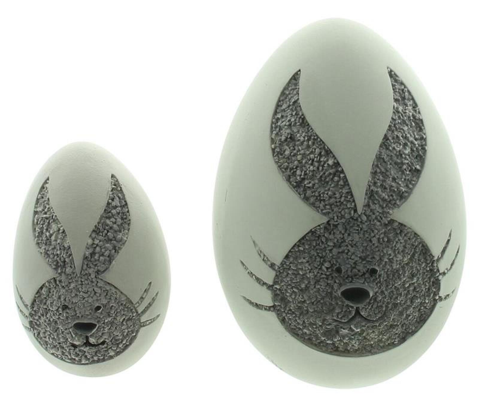2 Dekoeier "Hase" weiß, 10 + 15 cm hoch, Osterdeko für Drinnen & Draussen, Ostereier mit Hasenmotiv, Tischdekoration, Outdoor Frühlingsdeko, Gartendeko Figurenset