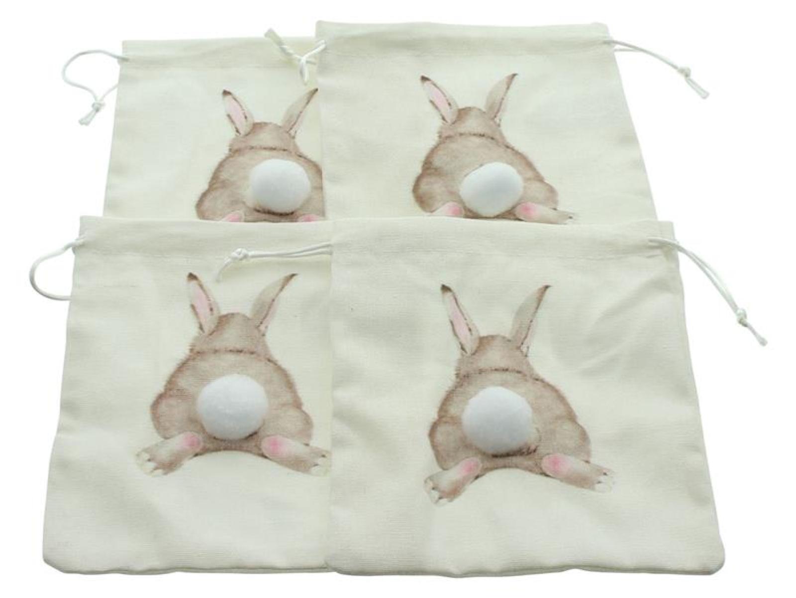 4x Geschenkbeutel "Puschel" aus Baumwolle, creme, mit Hasenmotiv und Zugband, 15x17 cm