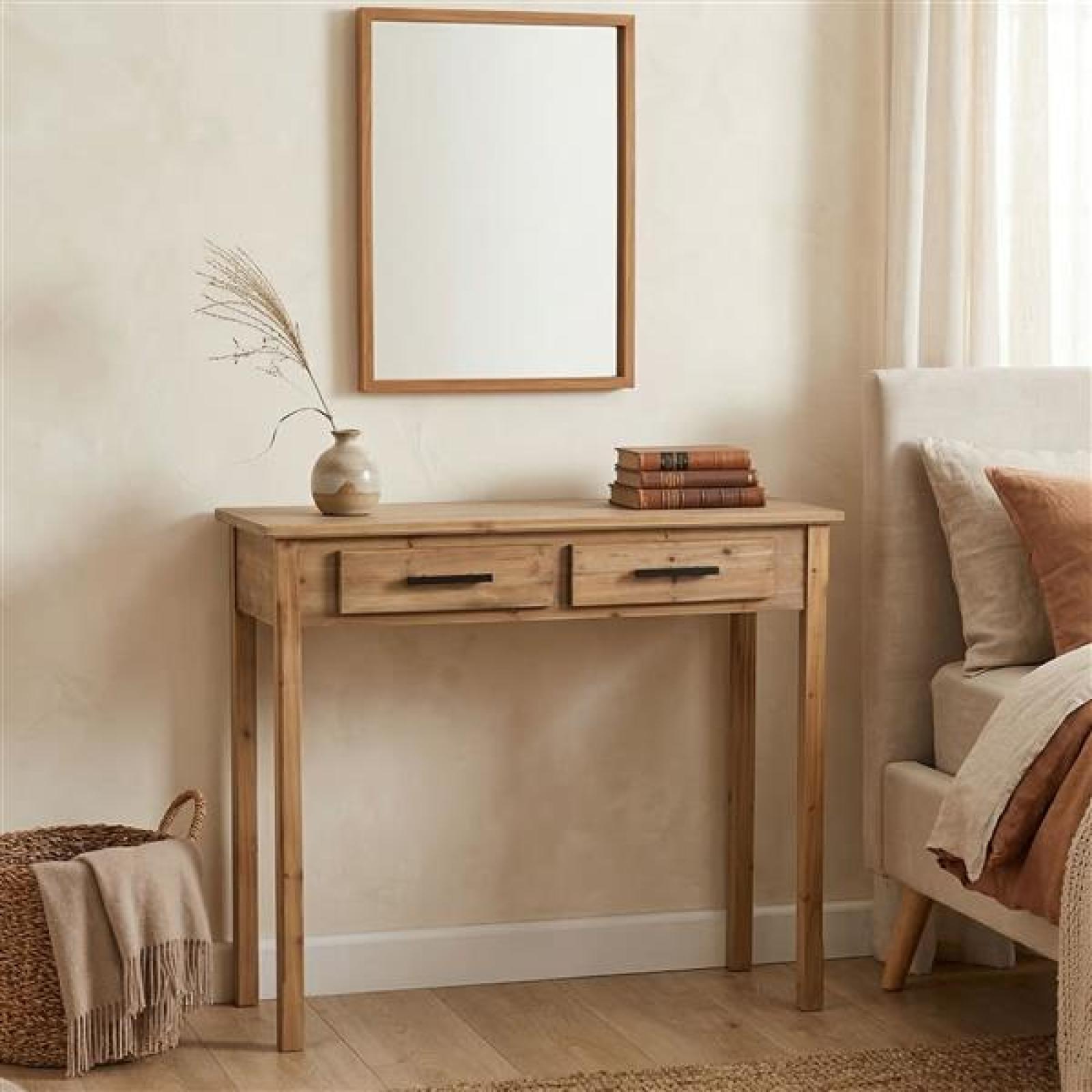 Beistelltisch "Natur" aus Holz, 90x34 cm, Telefontisch mit 2 Schubladen, Konsolentisch