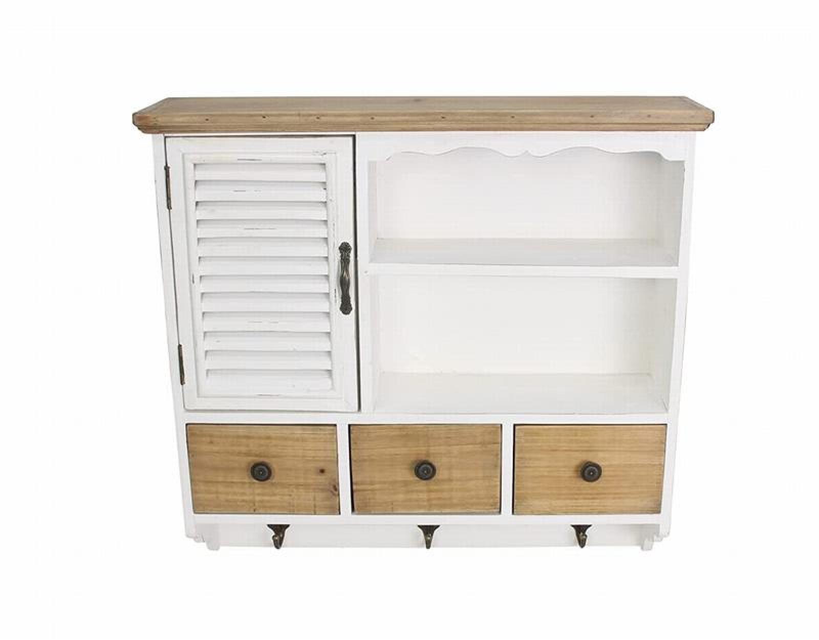 Hängeschrank "White Cottage" im Landhausstil aus Holz, weiß, im Shabby Look, 1 Tür & 3 Schubladen + 3 Haken, Wandschrank