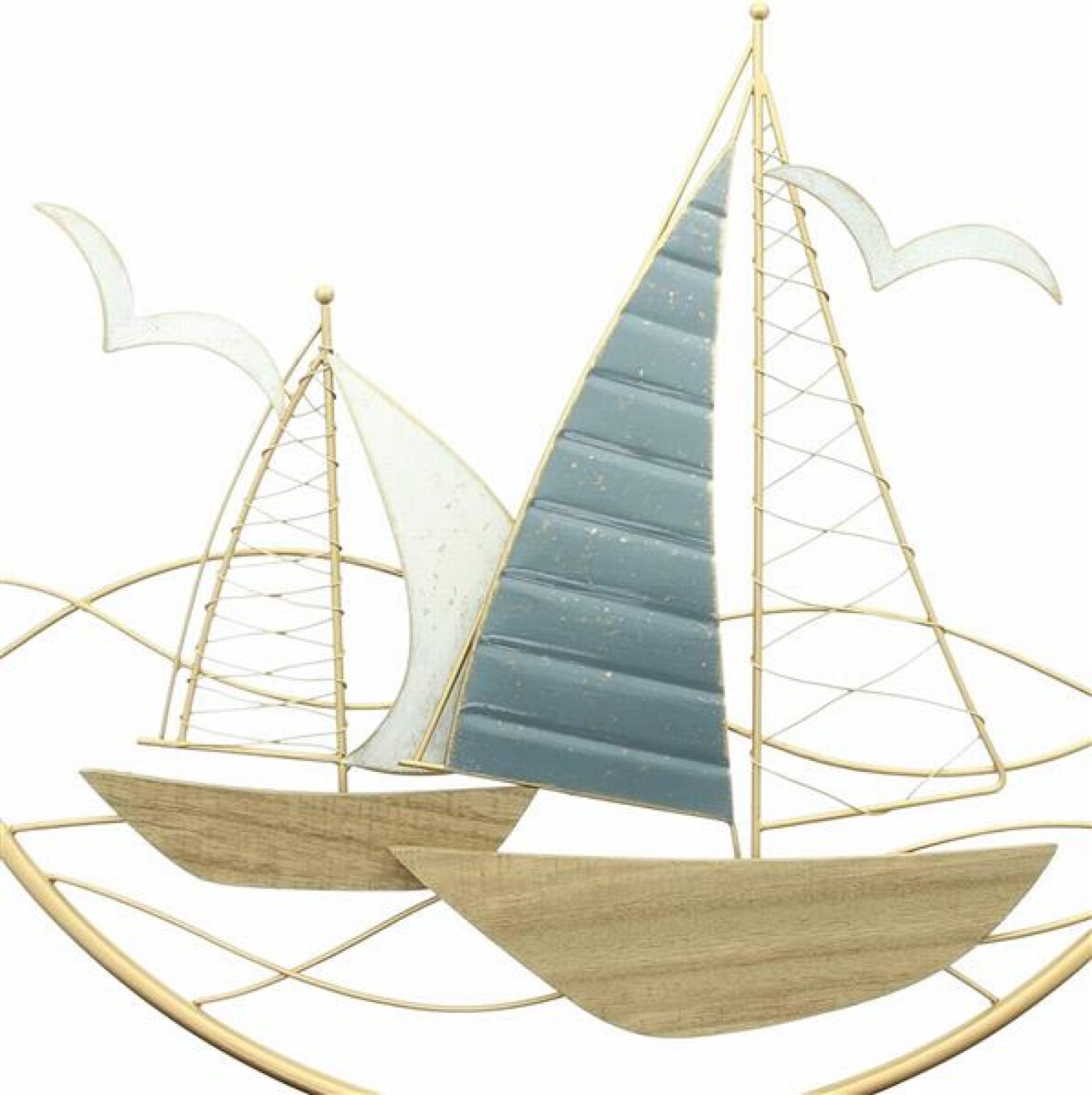 3D Wandbild "Regatta" aus Metall in gold, 2 Segelboote in rundem Rahmen, Wanddeko