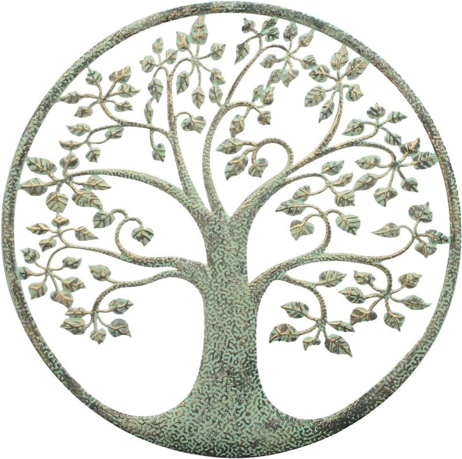 Wandbild "Baum des Lebens" aus Metall, mintgrün lackiert mit Kupfer Patina, rund Ø 40 cm, Metallbild, Wanddeko