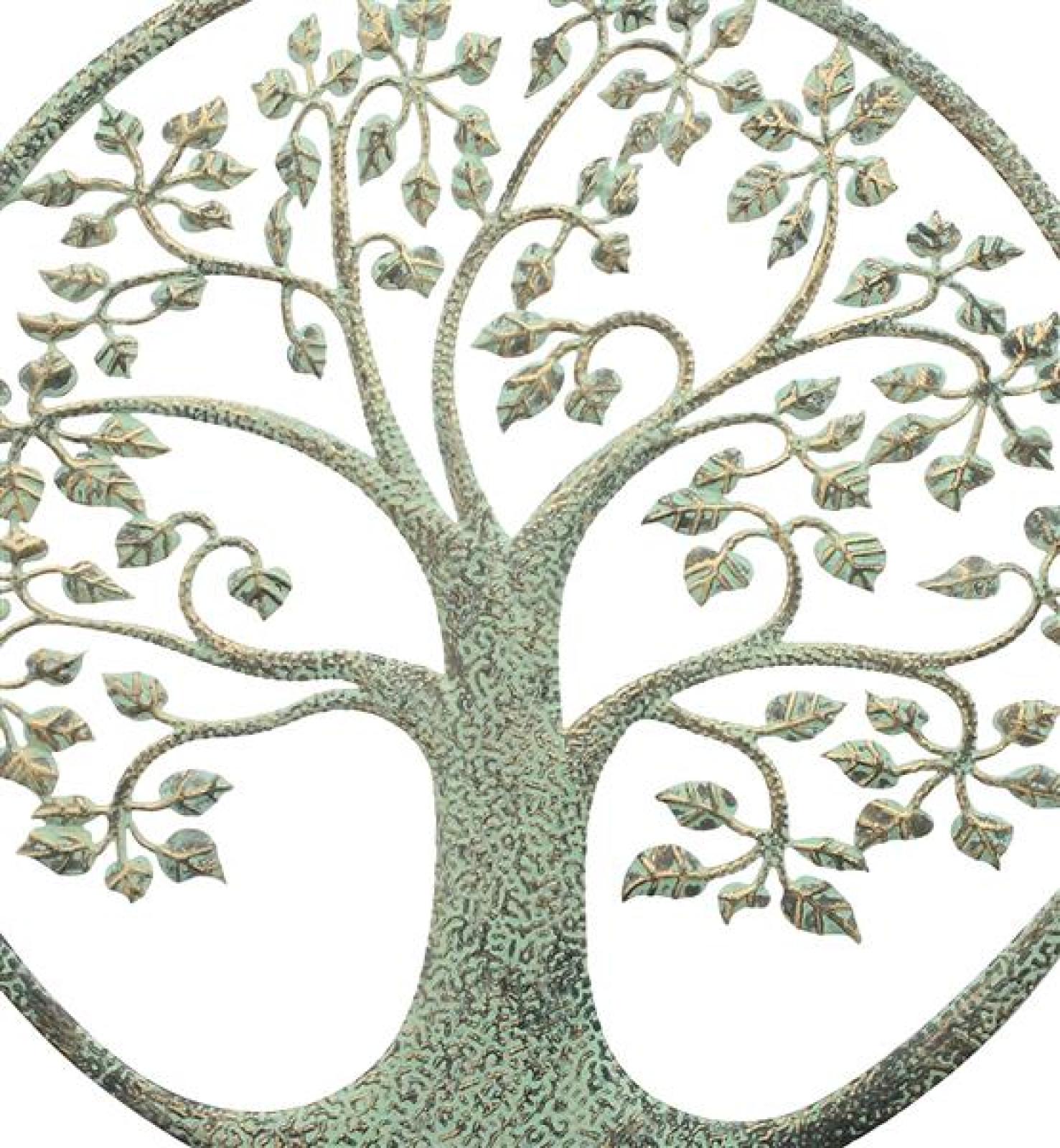 Wandbild "Baum des Lebens" aus Metall, mintgrün lackiert mit Kupfer Patina, rund Ø 40 cm, Metallbild, Wanddeko