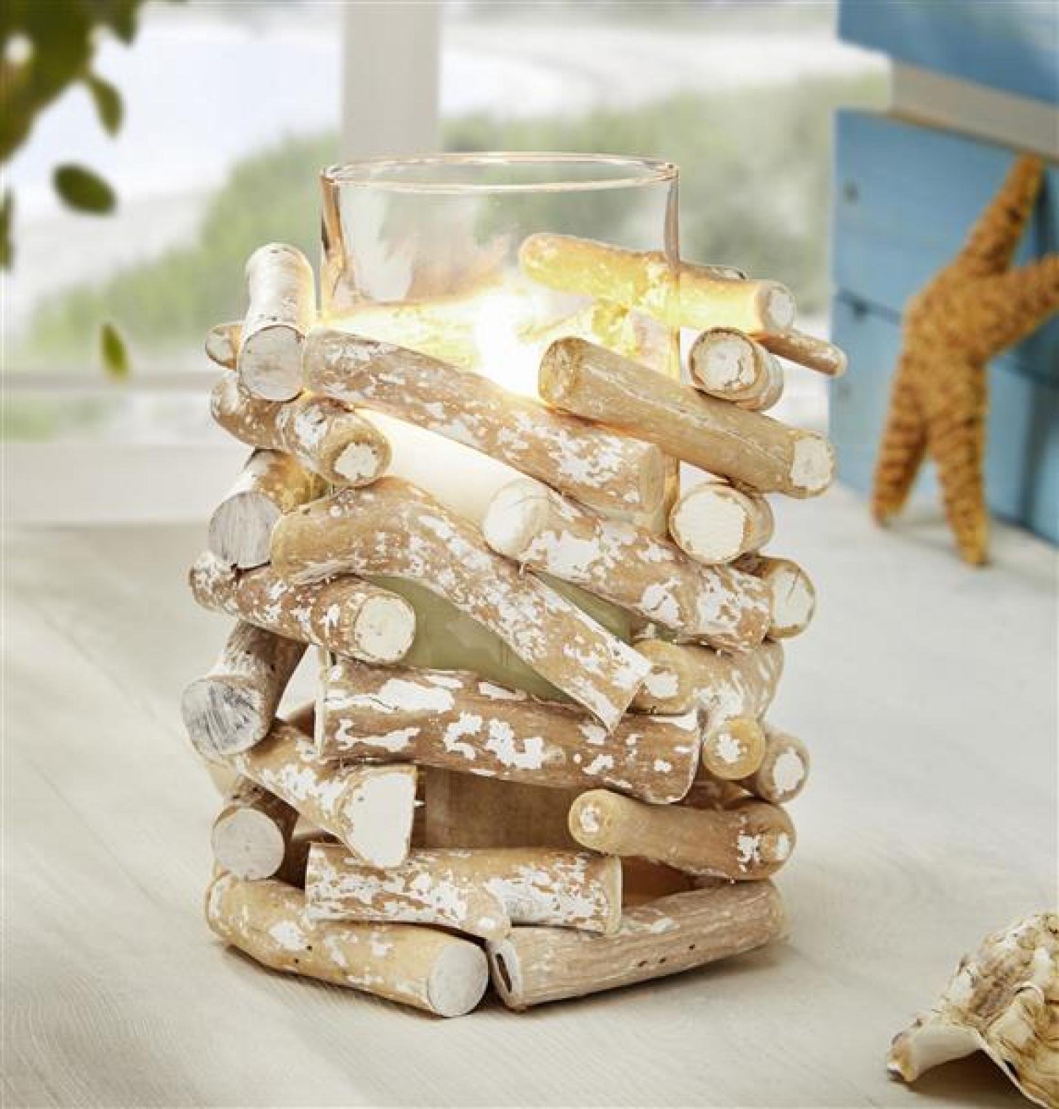 Windlicht "Maritima" aus Holz & Glas, 18 cm hoch, Kerzenhalter maritim, Vase, Blumenvase, Windlichtglas