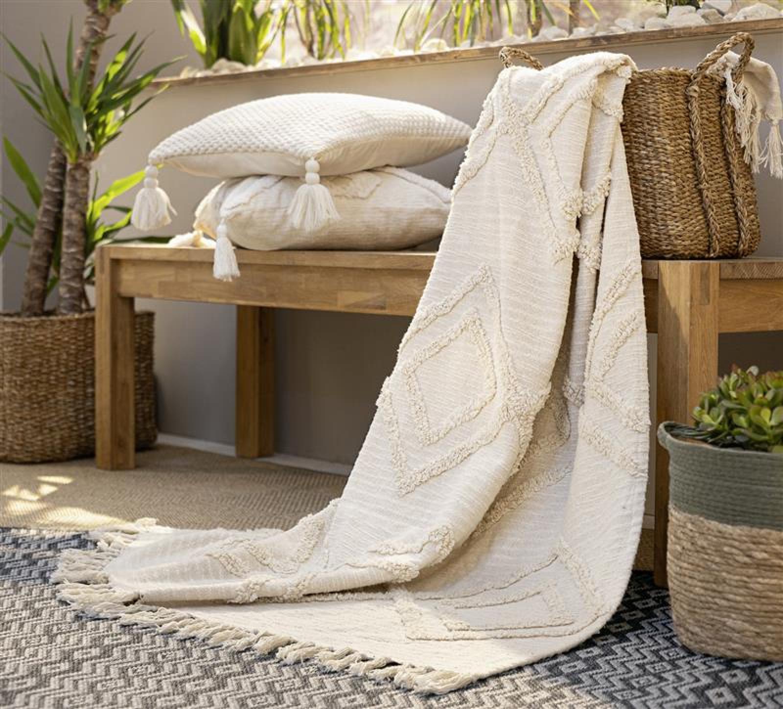 Plaid "Can Marca" aus 100% Baumwolle, creme, 130x170 cm, Kuscheldecke, Sofadecke