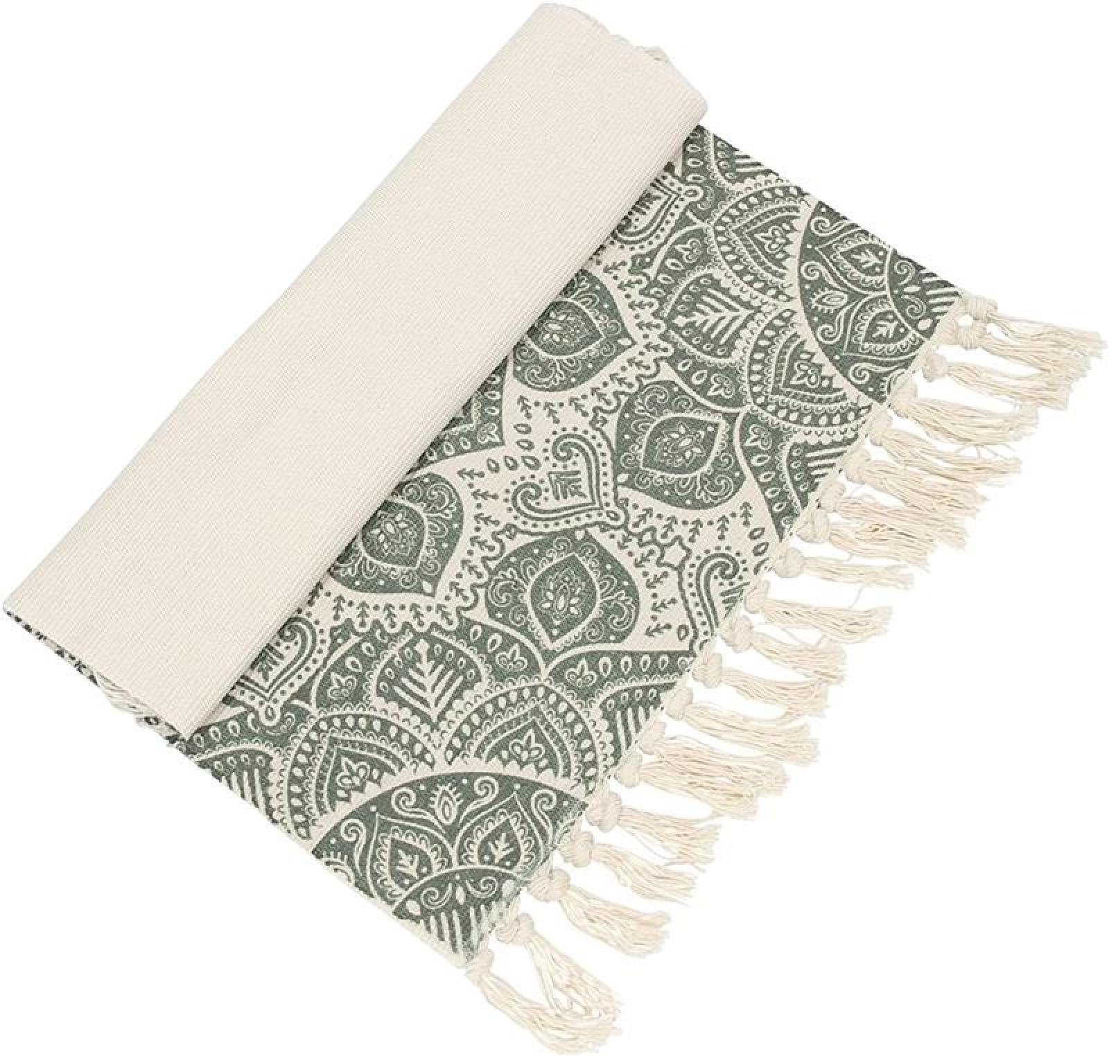 Bodenmatte "Mandala" in grün & beige, 60x90 cm, aus 50% Baumwolle, Teppich mit Fransen