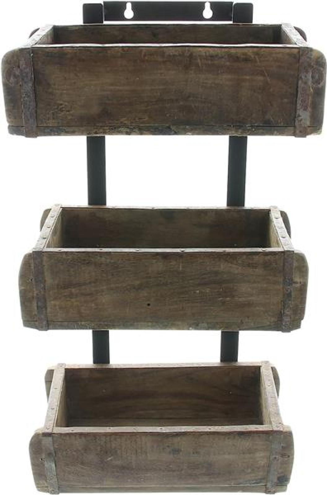 Wandregal "Kolonial" aus recyceltem Holz im Used Look mit 3 Holzkisten, Hängeregal Pflanzenregal, Blumenregal