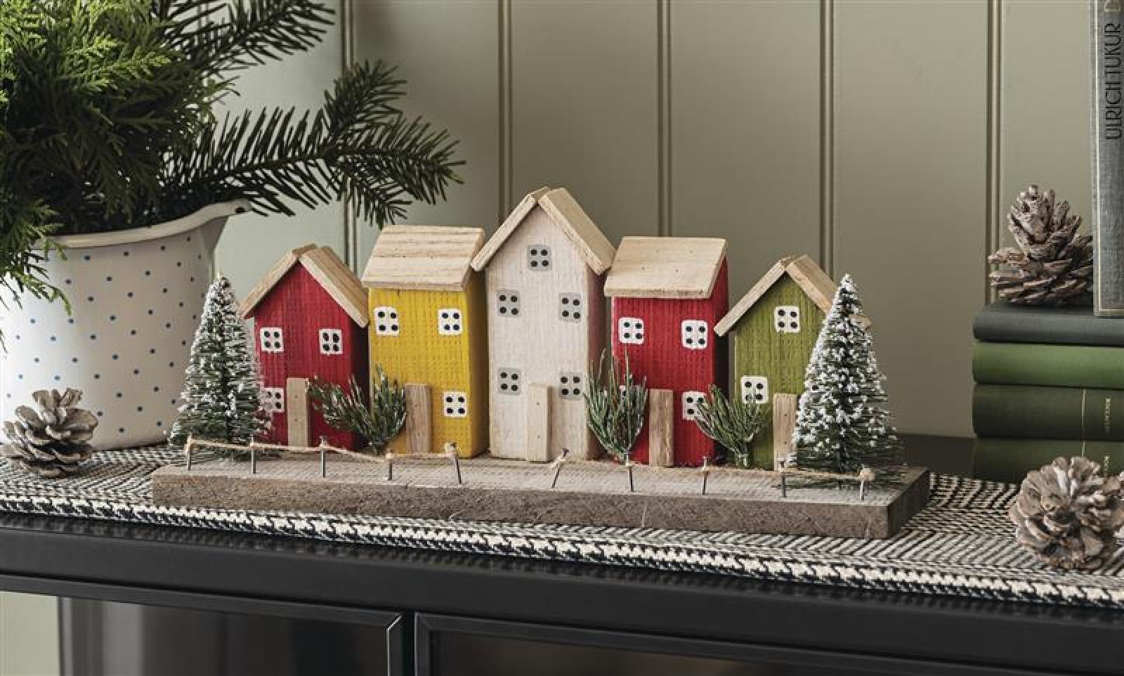 Dekoobjekt "Winterhäuser" aus Holz, Häuschen mit Bäumen und Zweigen, Winterdeko, Adventsdeko
