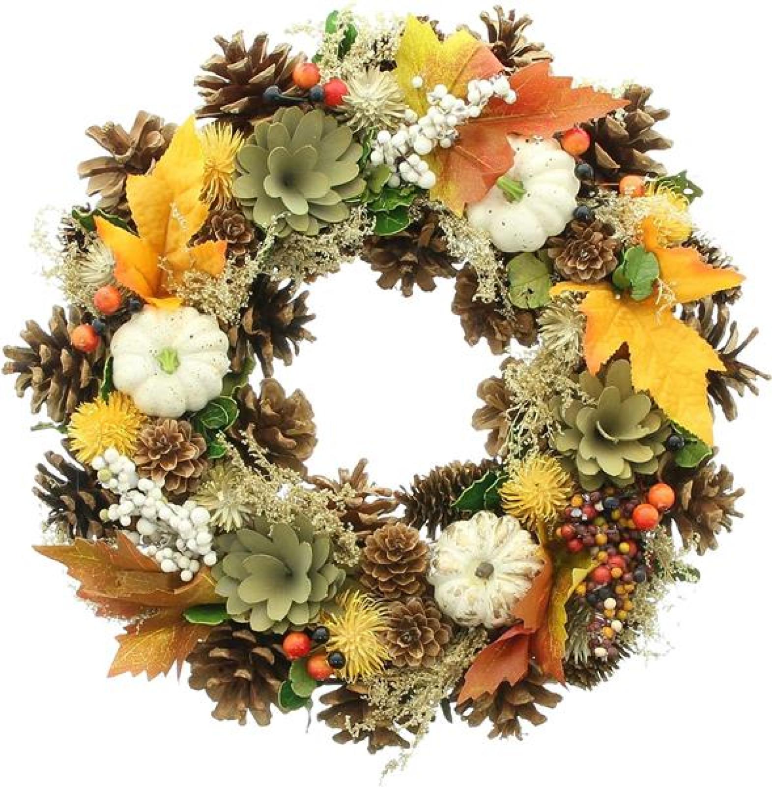 Dekokanz "Herbst" Ø 34 cm, aus Naturzapfen mit Deko Blättern, Kürbissen, Beeren, Tischkranz, Wandkranz
