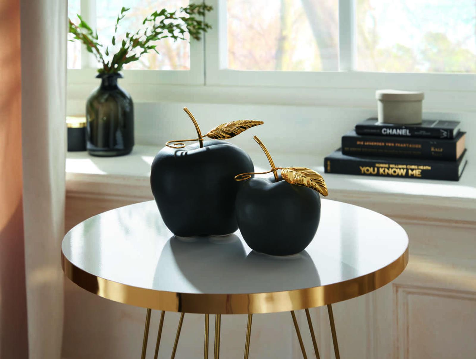 Apfel "Black" aus Porzellan, matt schwarz + gold, 11 + 14 cm hoch, Dekofigur, Tischdeko, Dekoobst