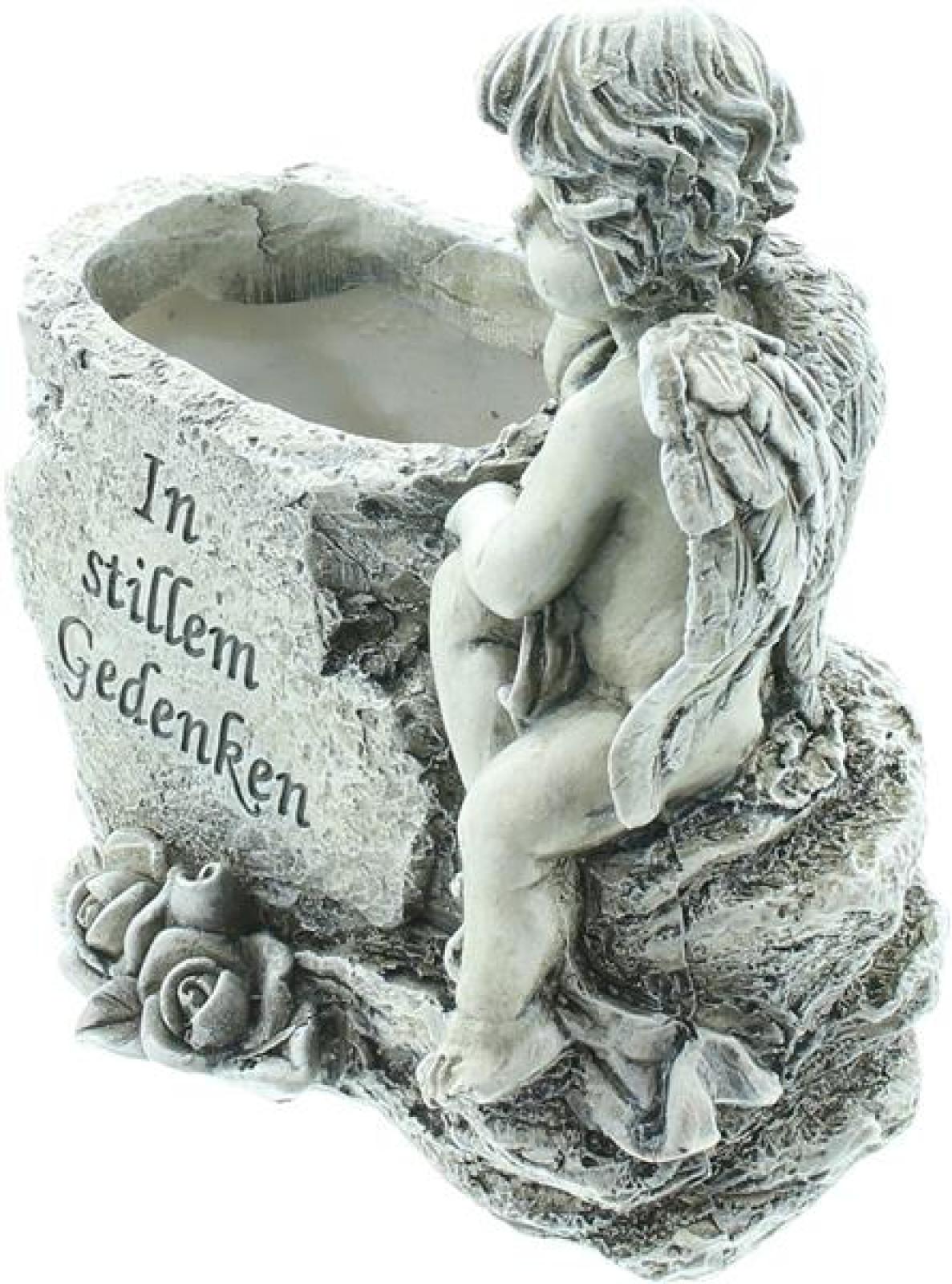 Pflanzer "Kleiner Engel" in verwitterter Optik, wetterfest, Schriftzug "In stillem Gedenken", Pflanzgefäß, Grabschmuck