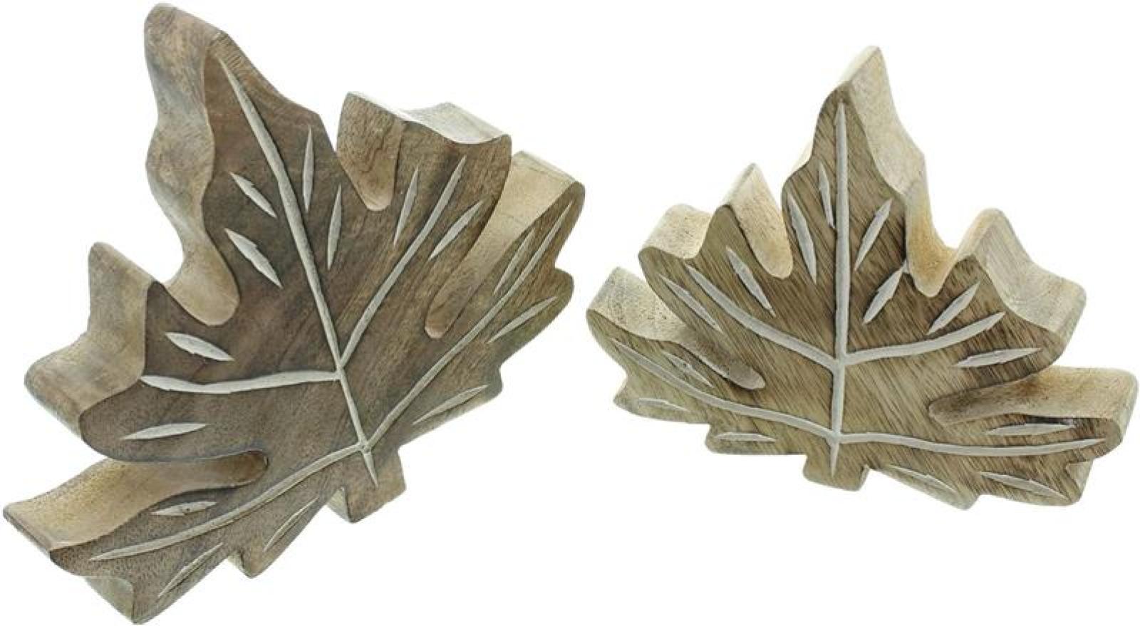 2x Deko Blatt "Geflammt" aus Mango Holz, 12 + 16 cm hoch, Herbstdeko, Tischdeko, Fensterdeko