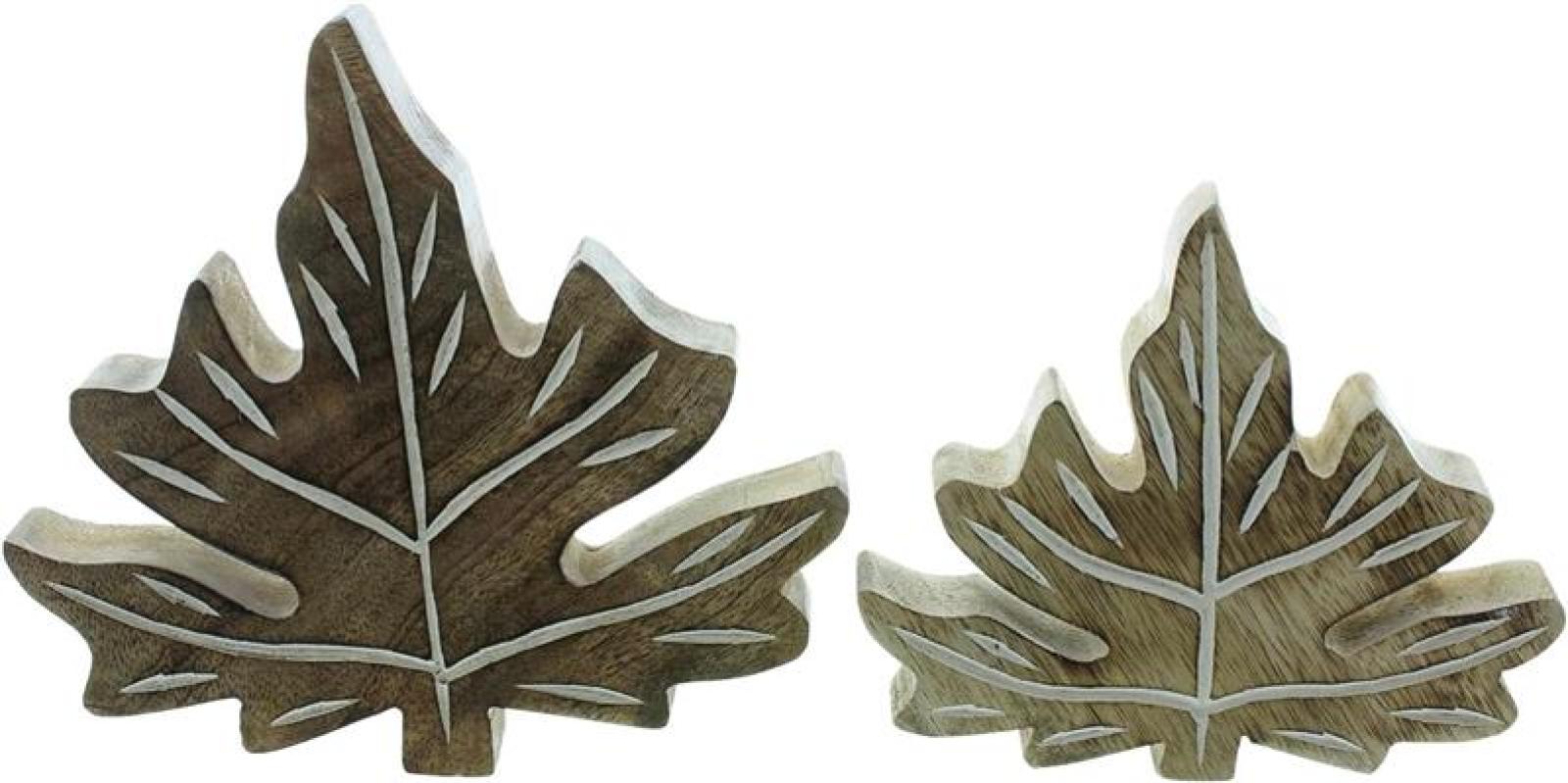 2x Deko Blatt "Geflammt" aus Mango Holz, 12 + 16 cm hoch, Herbstdeko, Tischdeko, Fensterdeko