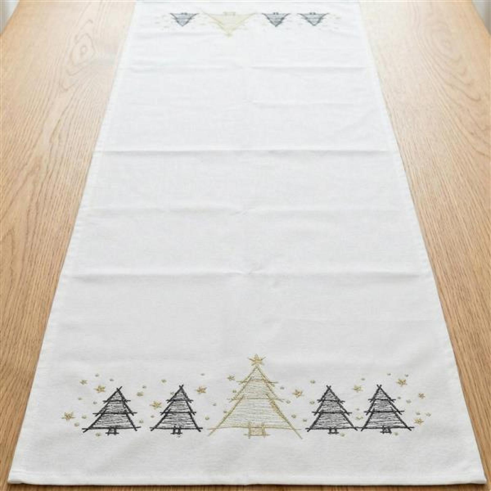 Tischläufer "Weihnachtsbäumchen" in weiß, 40x140 cm, Mitteldecke bestickt mit Tannenbäumen in gold & anthrazit