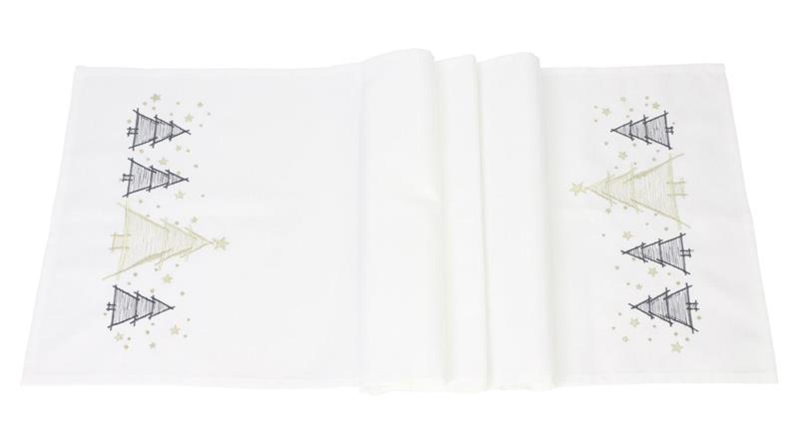 Tischläufer "Weihnachtsbäumchen" in weiß, 40x140 cm, Mitteldecke bestickt mit Tannenbäumen in gold & anthrazit