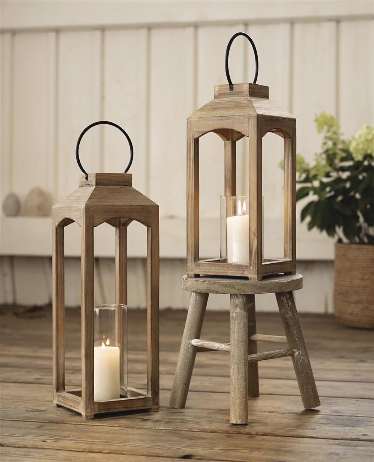 2x Laterne "Wood" aus Holz, 38 + 48 cm hoch, Bodenlaterne, Kerzenlaterne, Holzlaterne, Windlicht