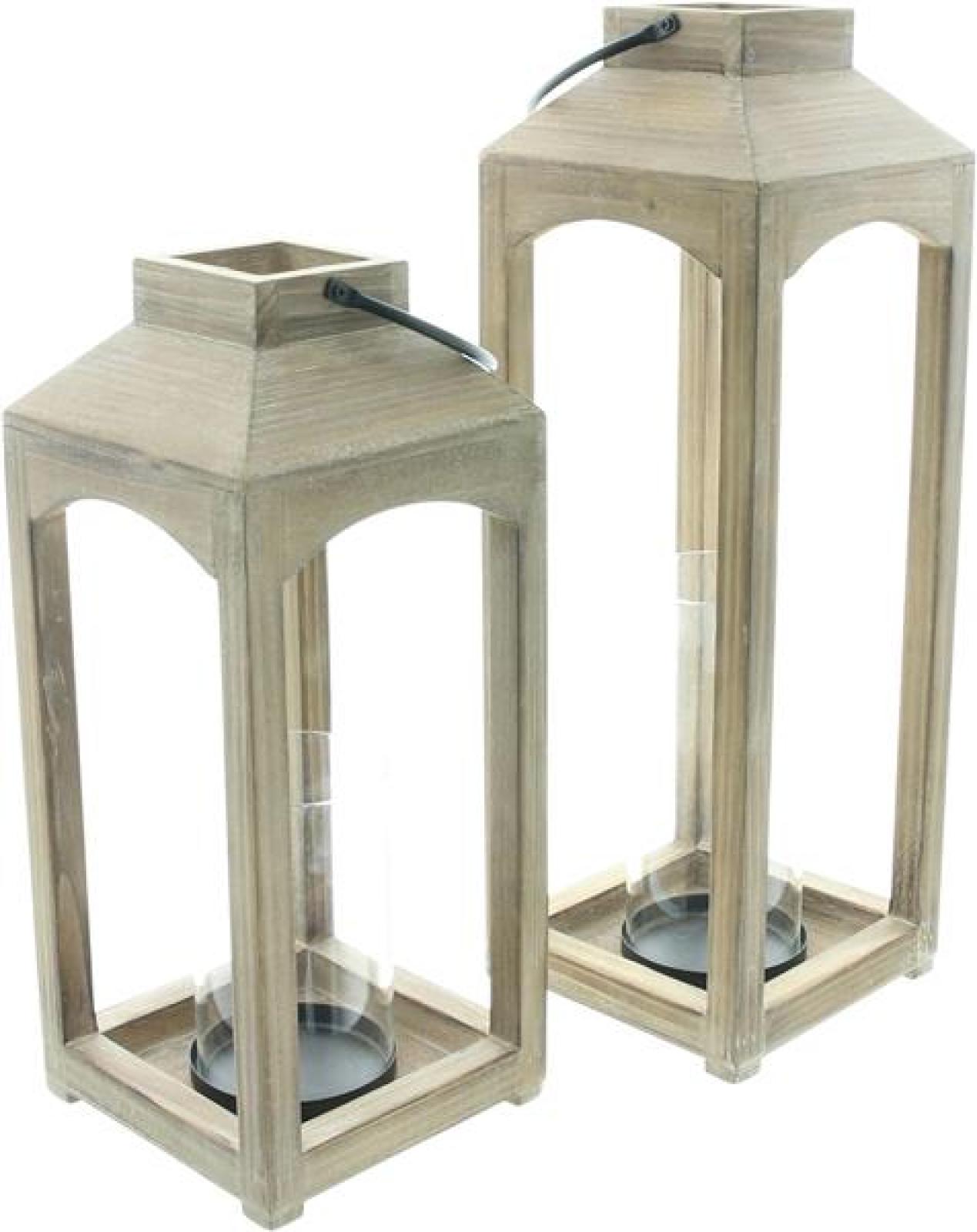 2x Laterne "Wood" aus Holz, 38 + 48 cm hoch, Bodenlaterne, Kerzenlaterne, Holzlaterne, Windlicht