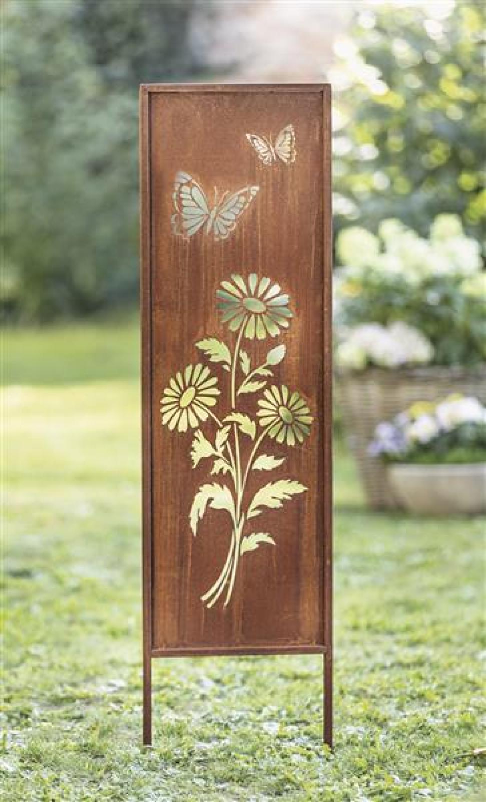 Metallschild "Blumen & Schmetterlinge" mit Echtrost Finish, 117 cm hoch, Dekoschild, Gartenstecker, Gartenschild