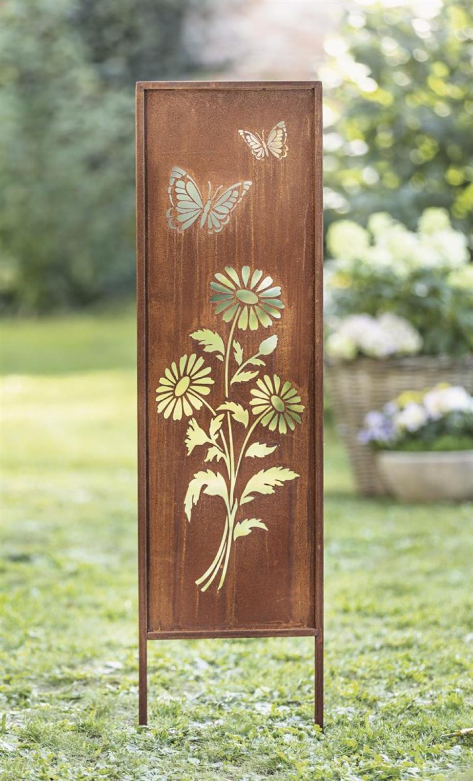 Metallschild "Blumen & Schmetterlinge" mit Echtrost Finish, 117 cm hoch, Dekoschild, Gartenstecker, Gartenschild