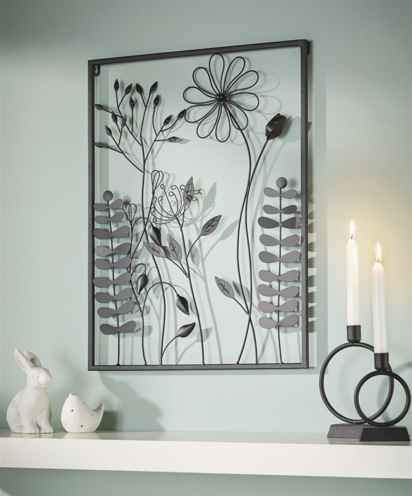 3D Wandbild "Black Flowers" aus Metall, 43x58 cm, in edlem matt schwarz, Wanddeko, Wandschmuck